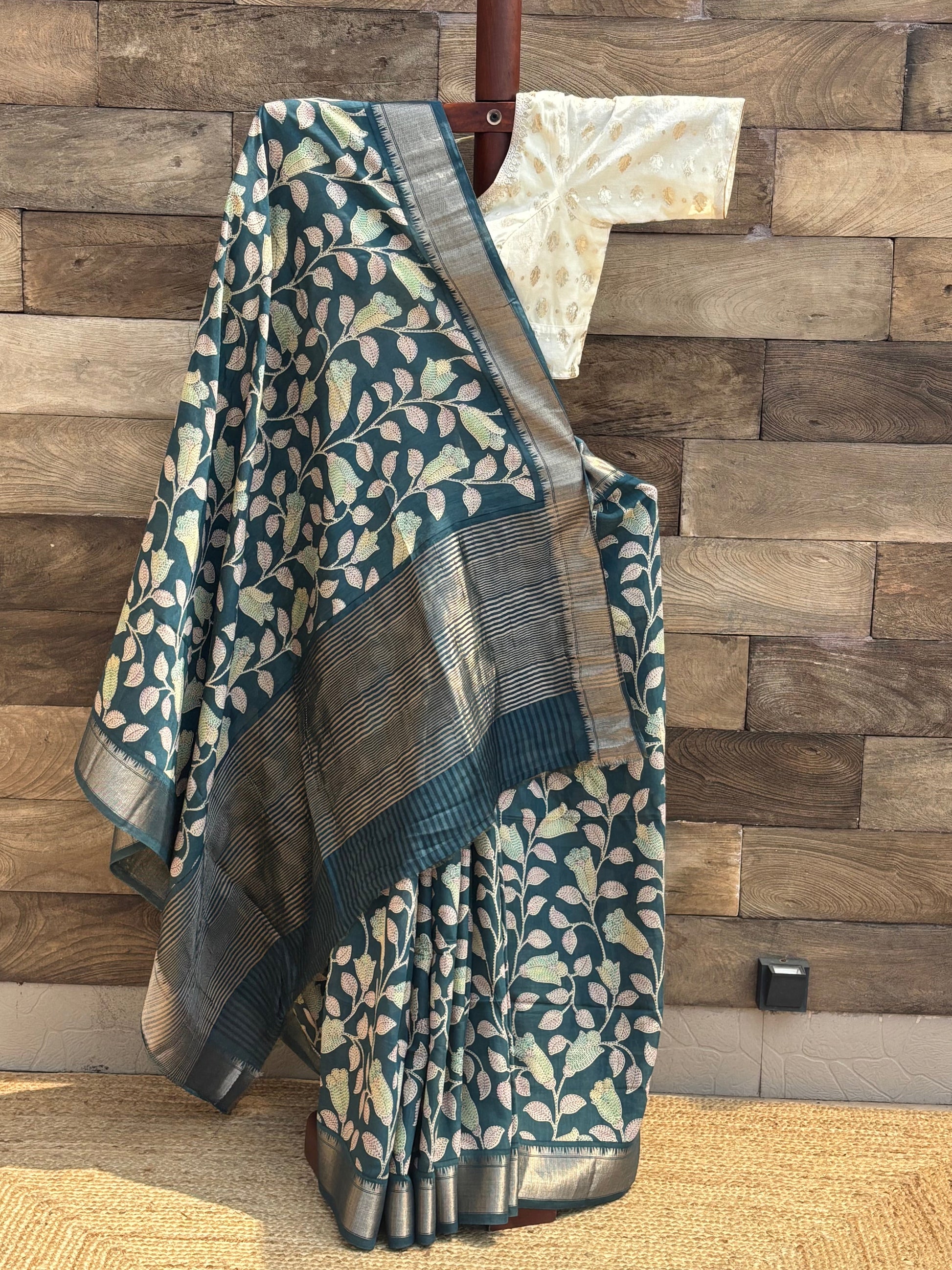 rama green semi silk crape saree