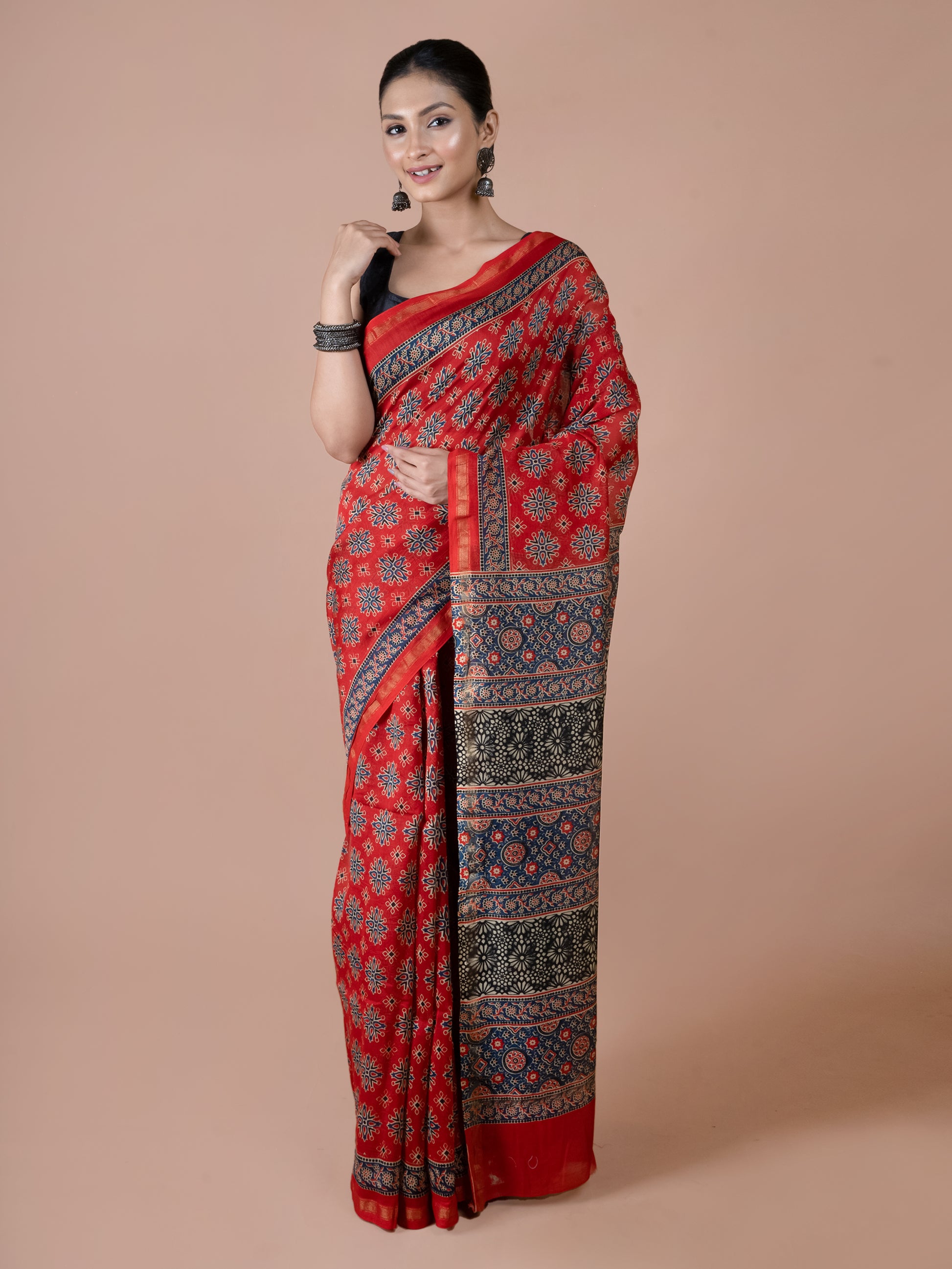 red chanderi silk cotton saree blend handloom elegant