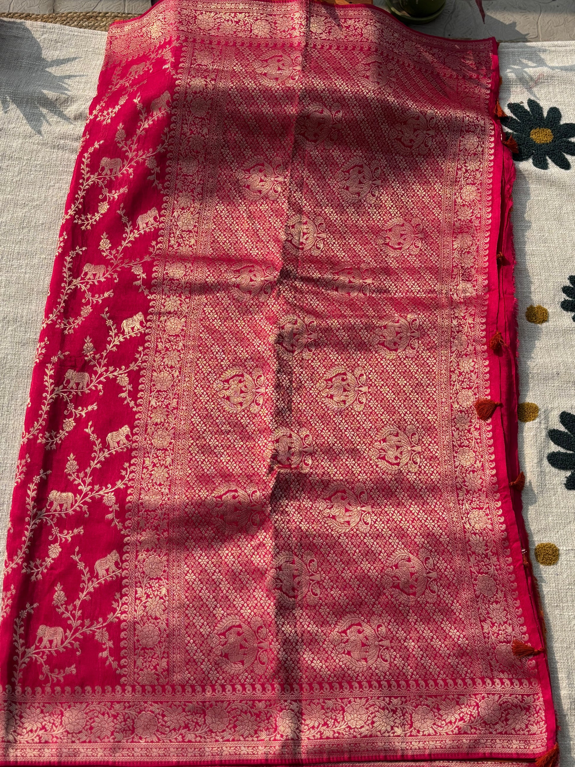red fancy crape banarasi saree