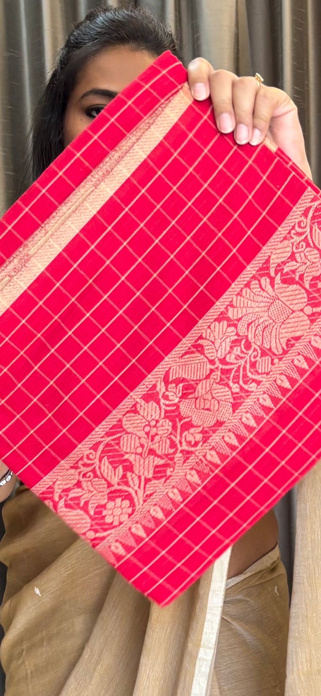 red pure cotton dhonekhali saree
