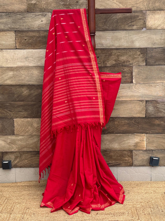 red pure handwoven dhonekhali cotton saree