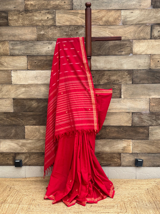 red pure handwoven dhonekhali cotton saree