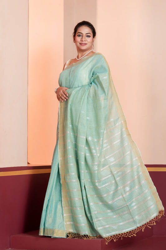 sky blue linen tissue jamdani saree