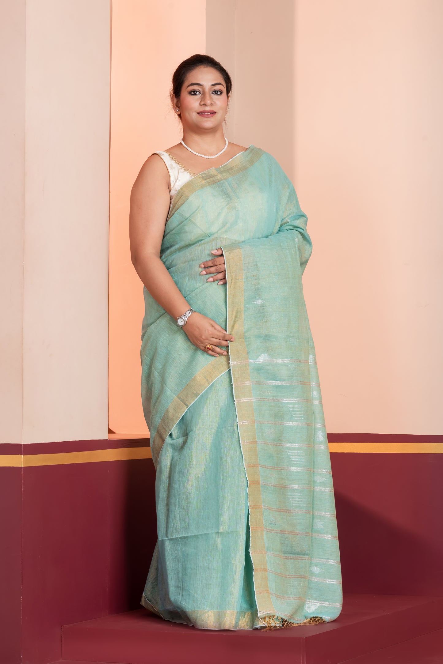 sky blue linen tissue jamdani saree