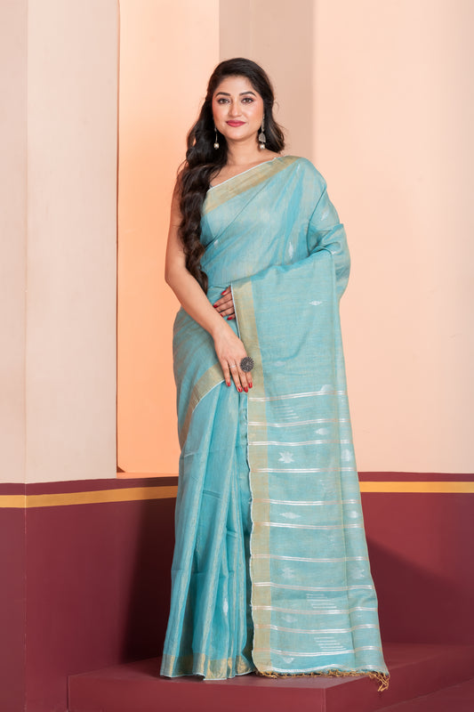 sky blue tissue linen jamdani saree