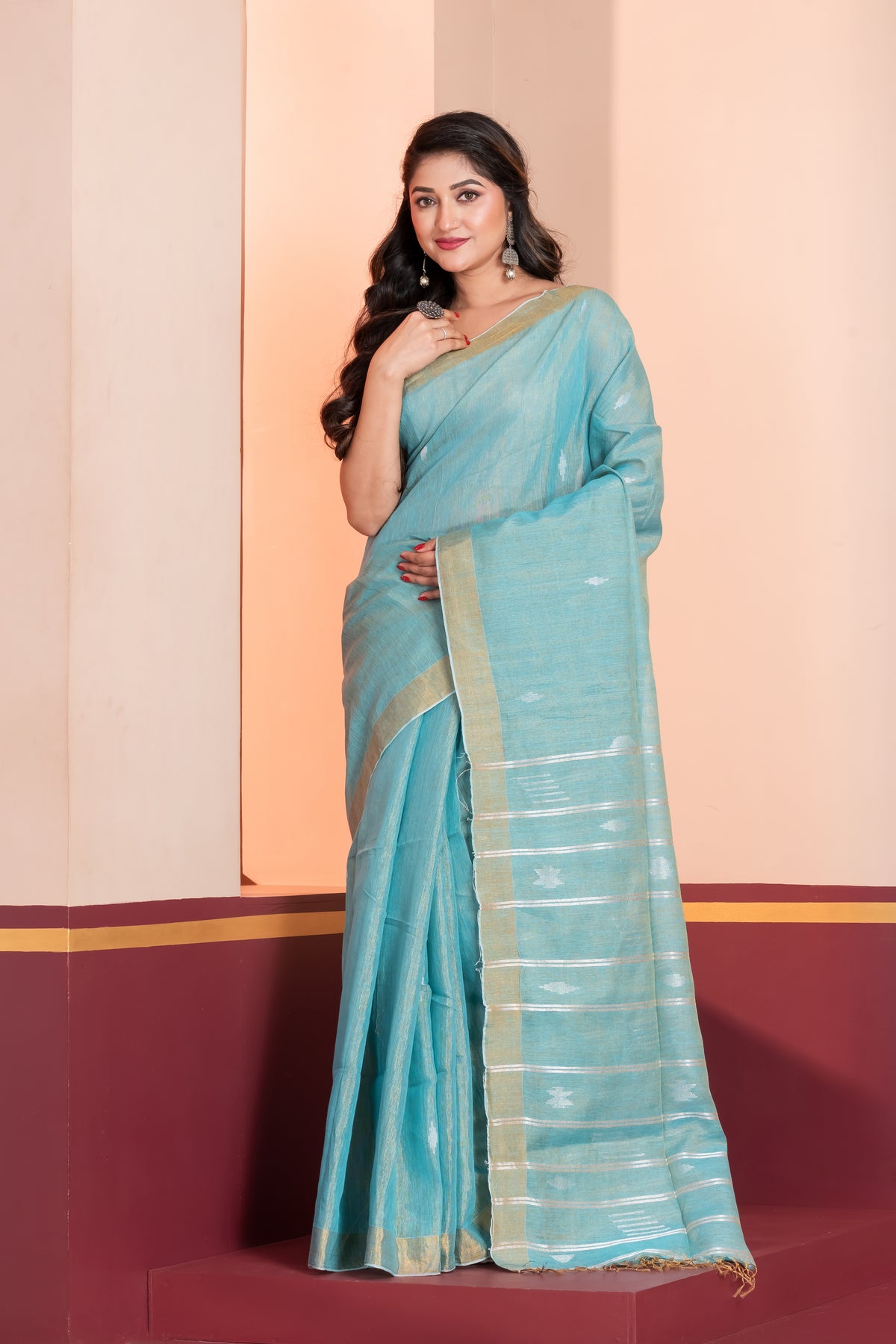 sky blue tissue linen jamdani saree