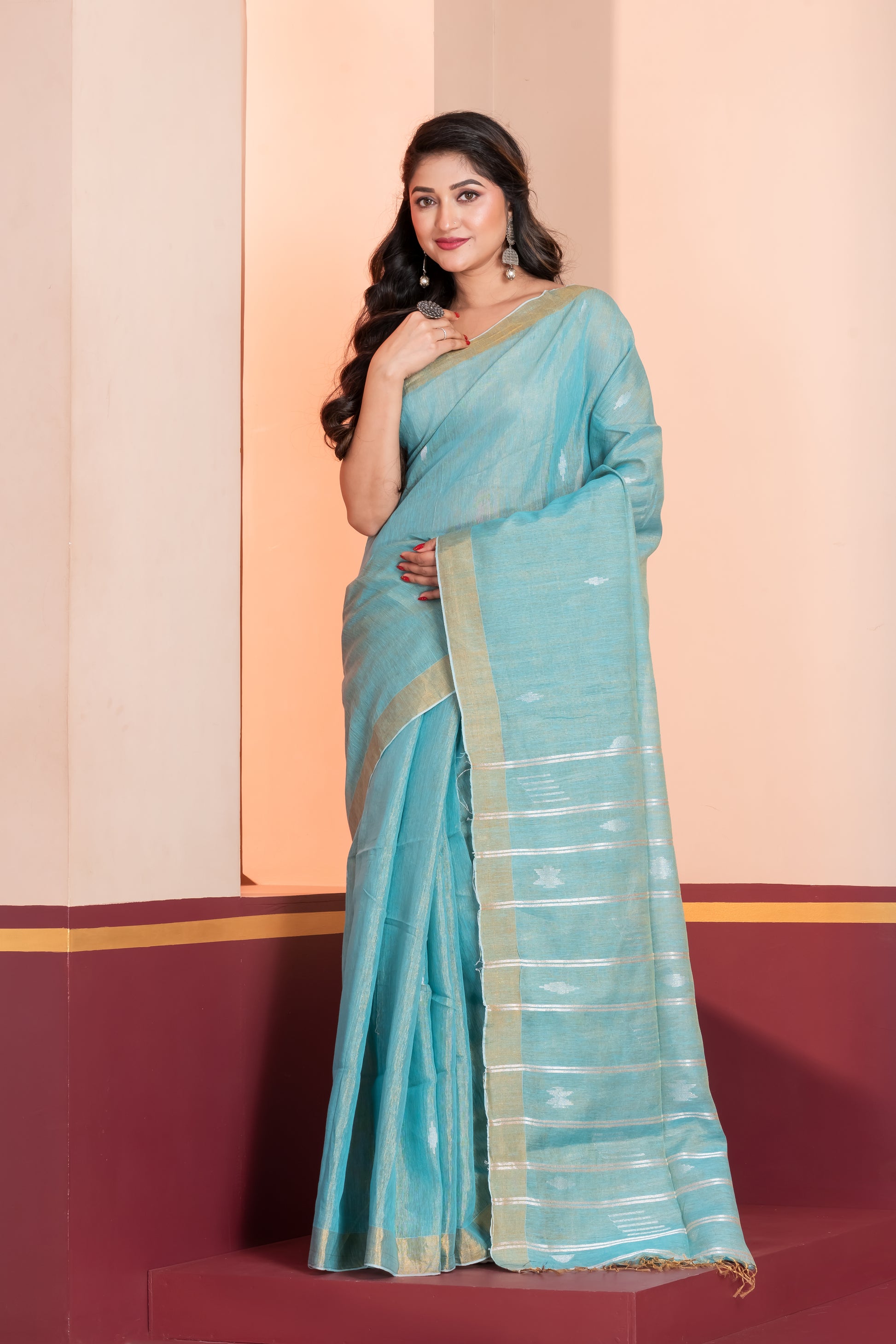 sky blue tissue linen jamdani saree