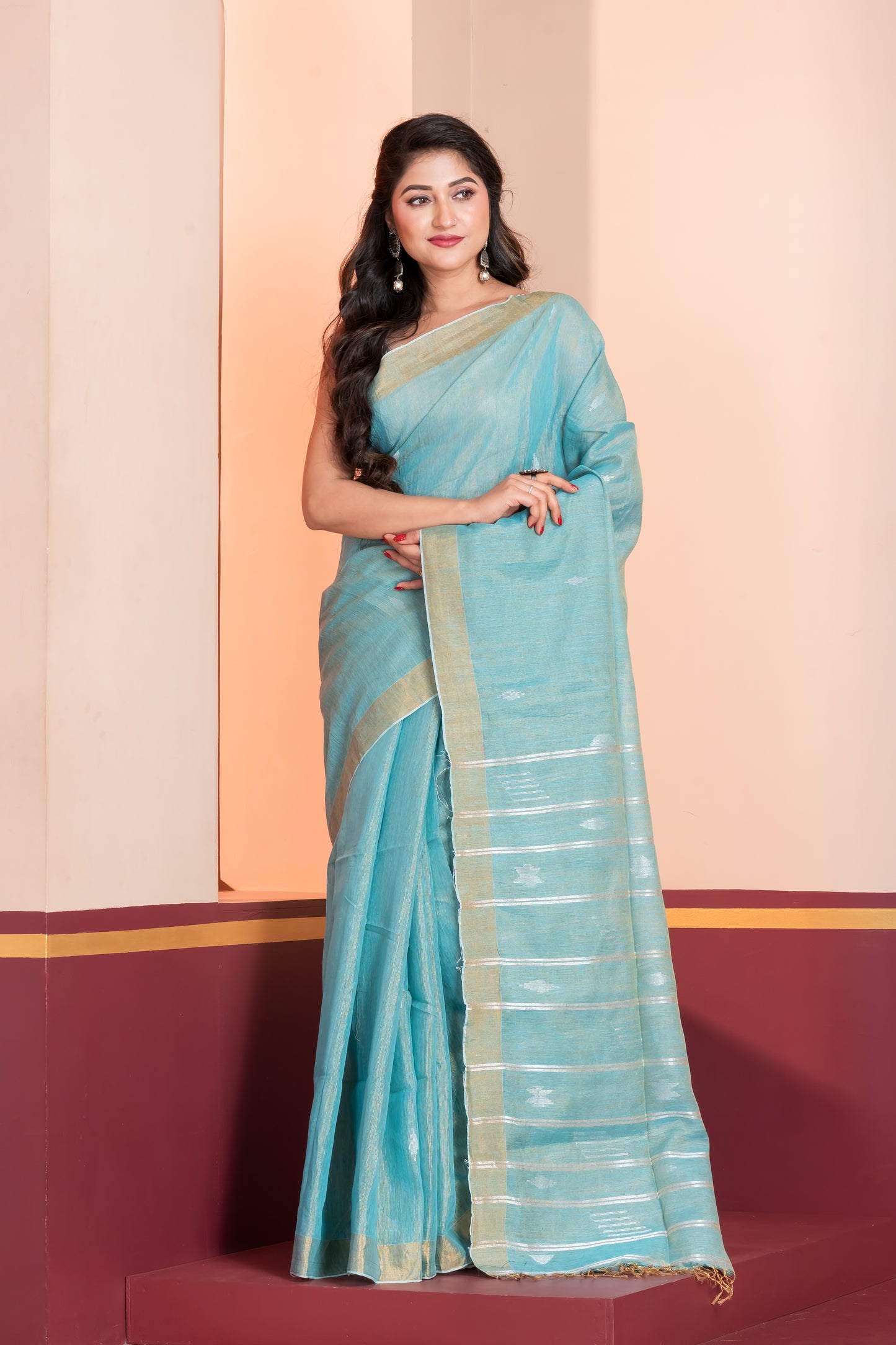 sky blue tissue linen jamdani saree