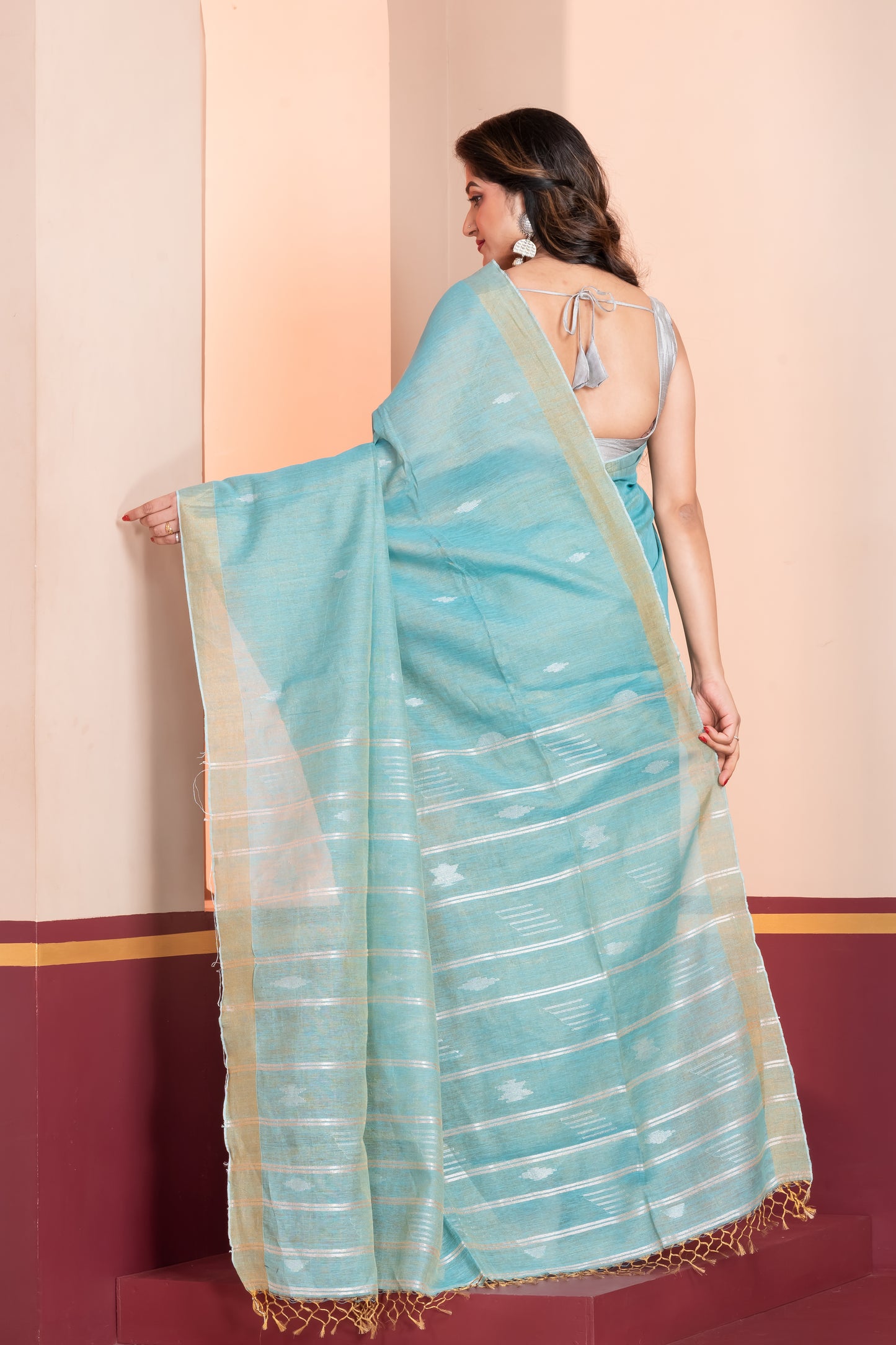 sky blue tissue linen jamdani saree