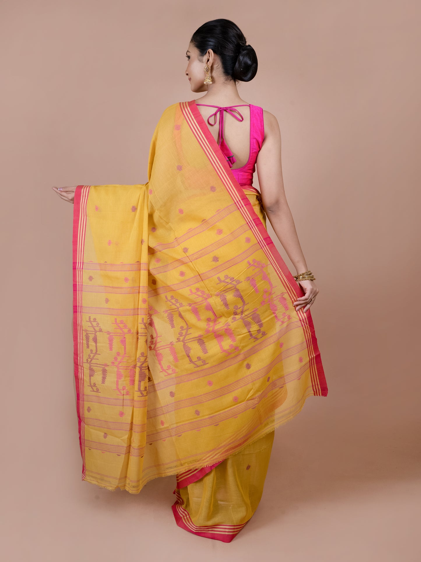 Sunflower yellow Bengal pure cotton Jamdani saree, bright lightweight