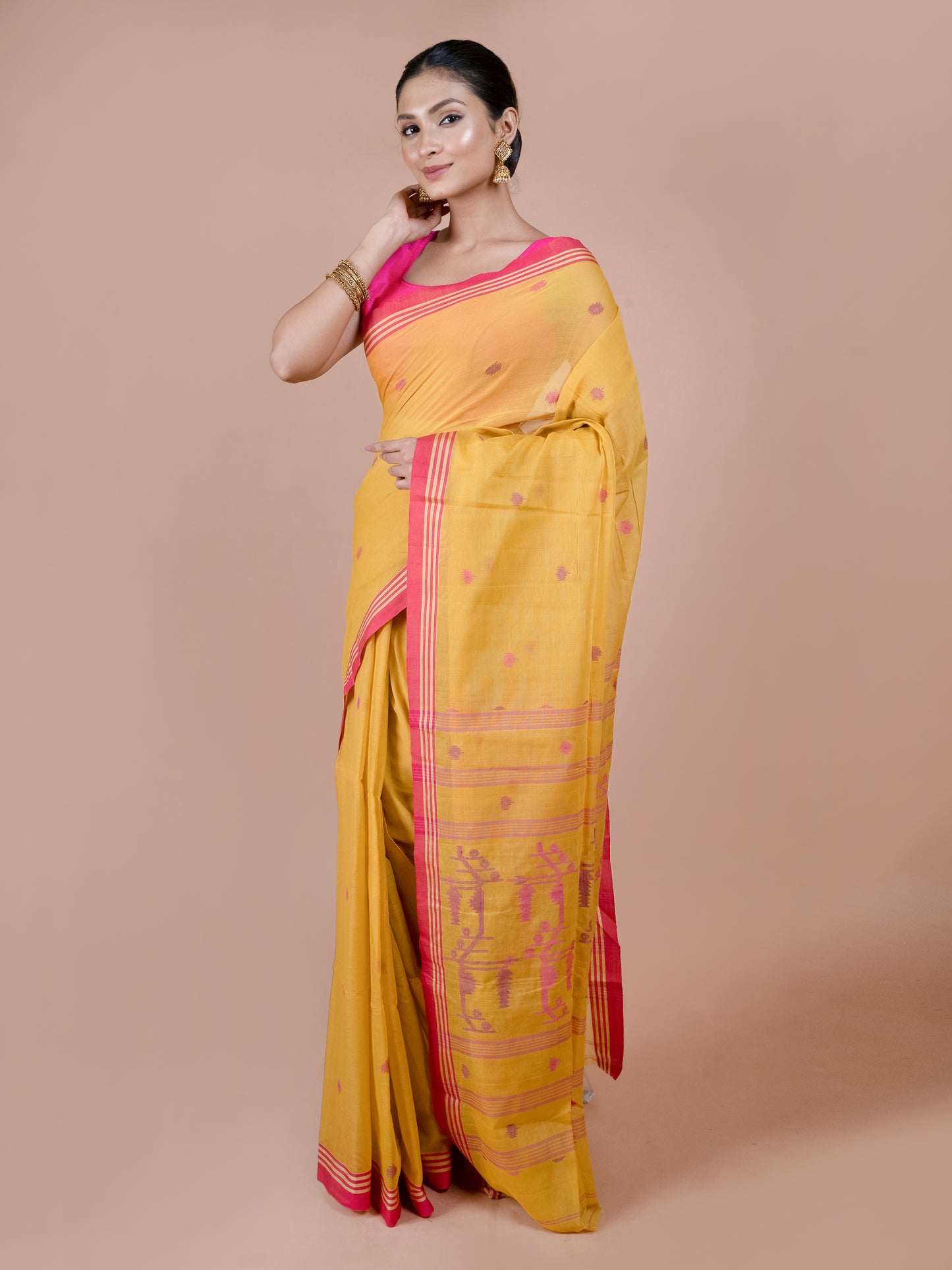 Sunflower yellow Bengal pure cotton Jamdani saree, bright lightweight