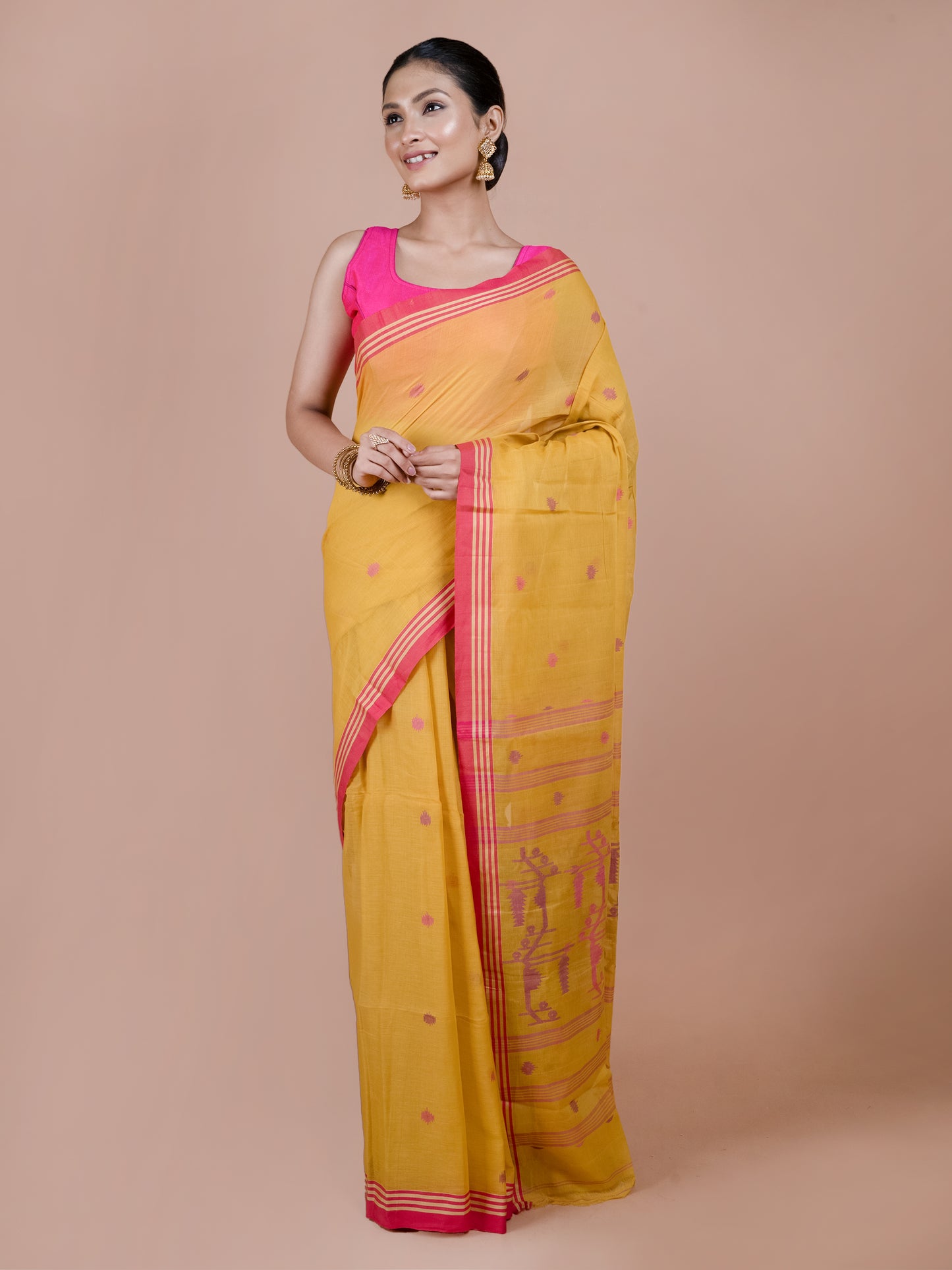 Sunflower yellow Bengal pure cotton Jamdani saree, bright lightweight