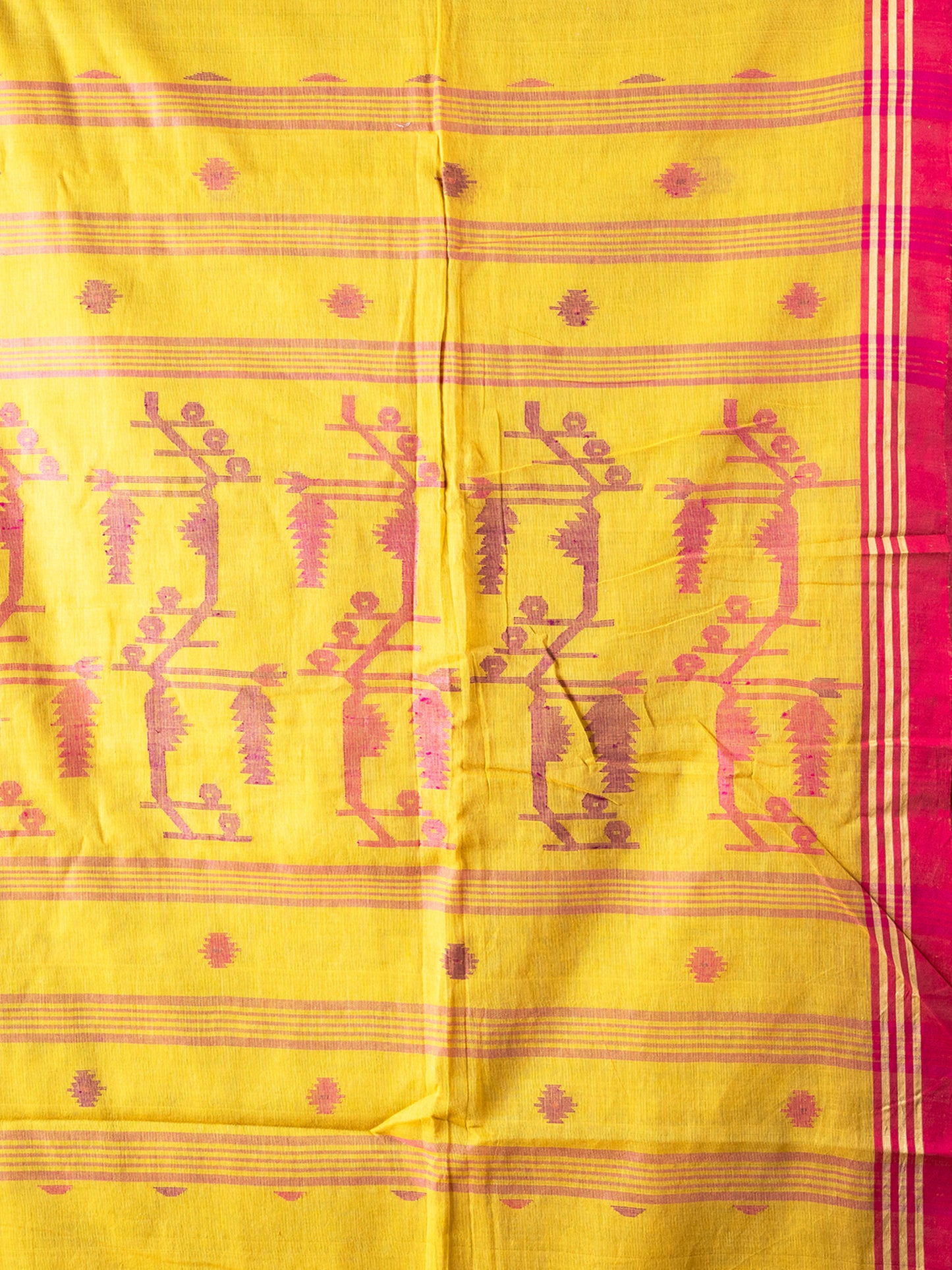 Sunflower yellow Bengal pure cotton Jamdani saree, bright lightweight
