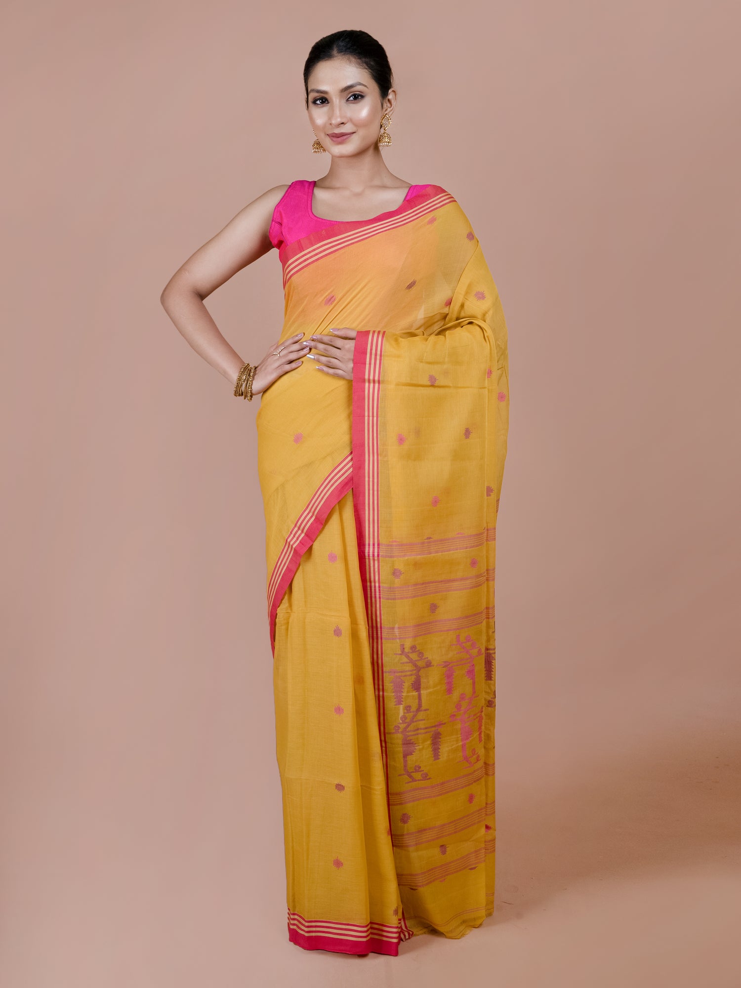 Sunflower yellow Bengal pure cotton Jamdani saree, bright lightweight
