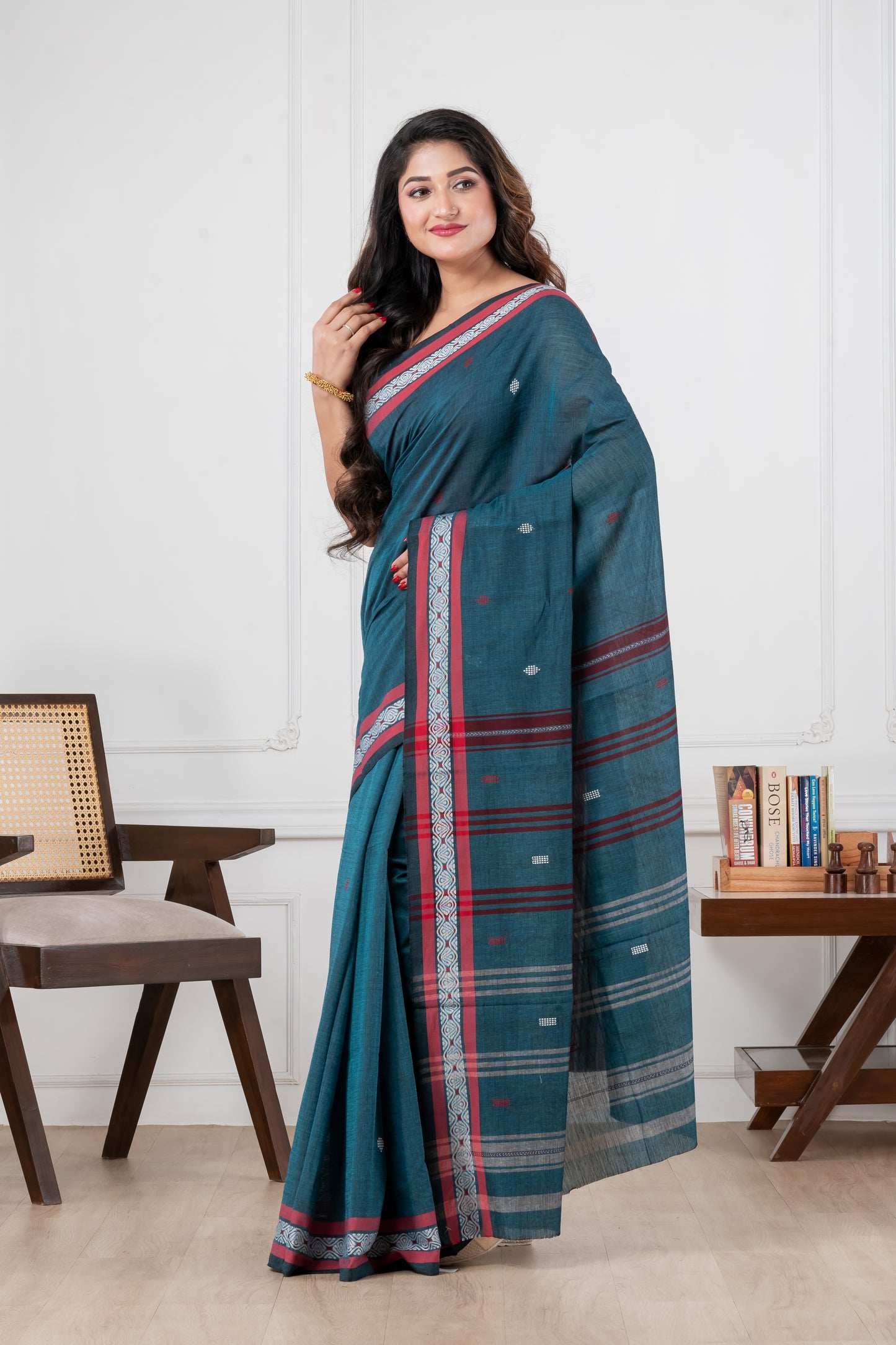teal blue dhonekhali pure cotton saree