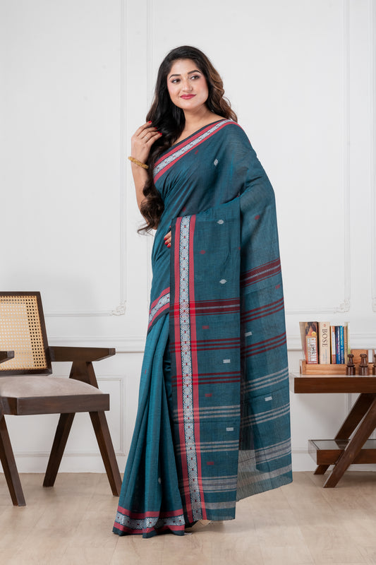 teal blue dhonekhali pure cotton saree