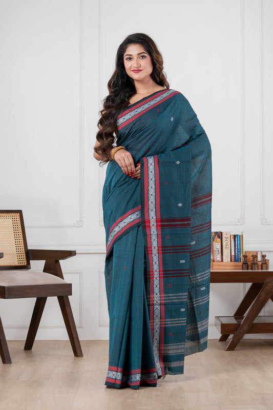 teal blue dhonekhali pure cotton saree