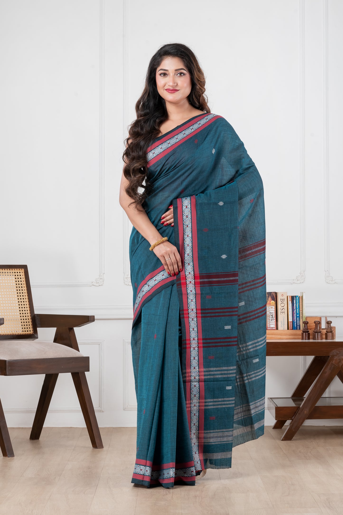 teal blue dhonekhali pure cotton saree