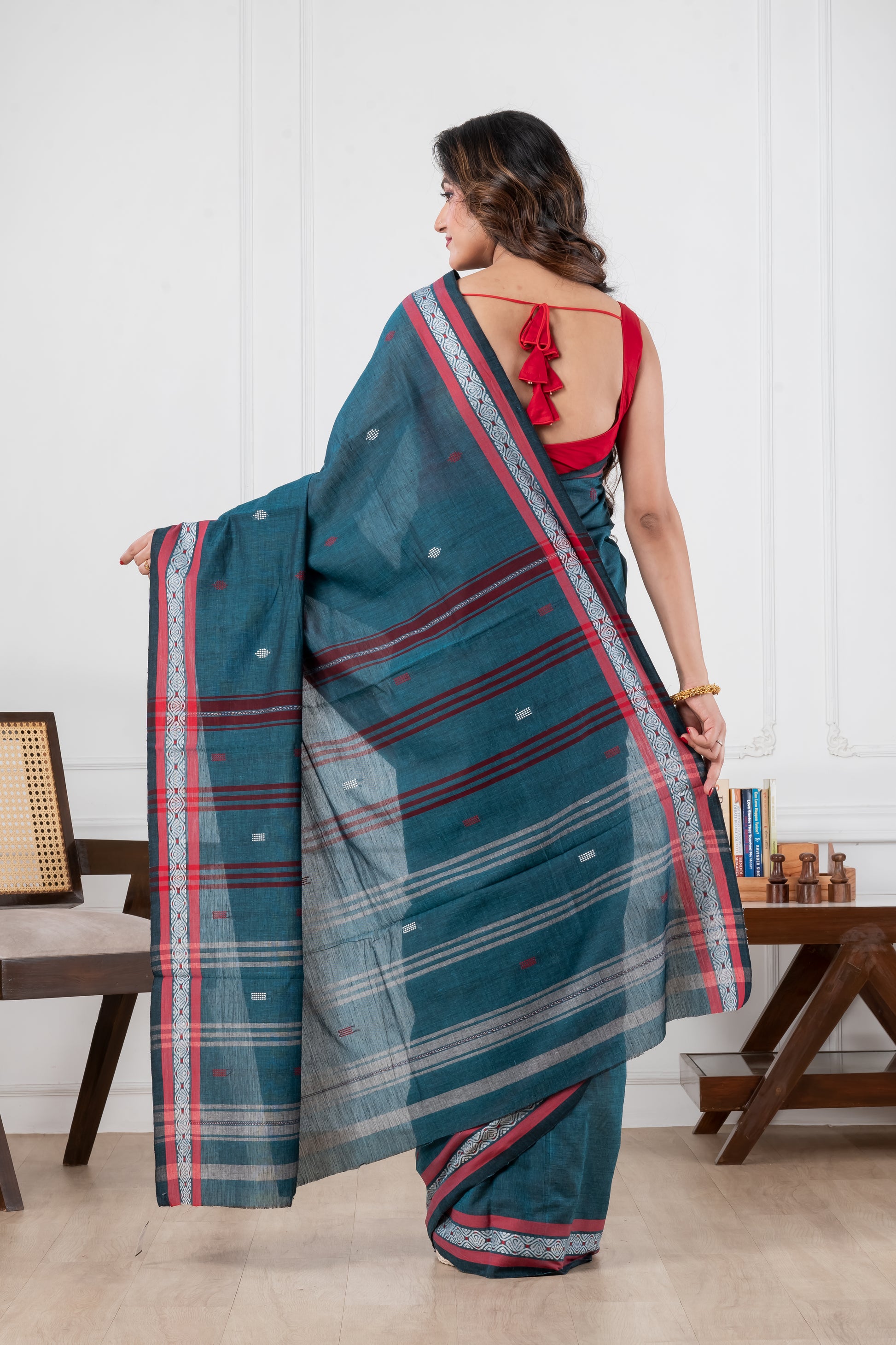 teal blue dhonekhali pure cotton saree