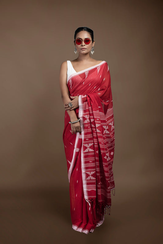 Vermilion red Bengal pure cotton Jamdani saree, vibrant handwoven