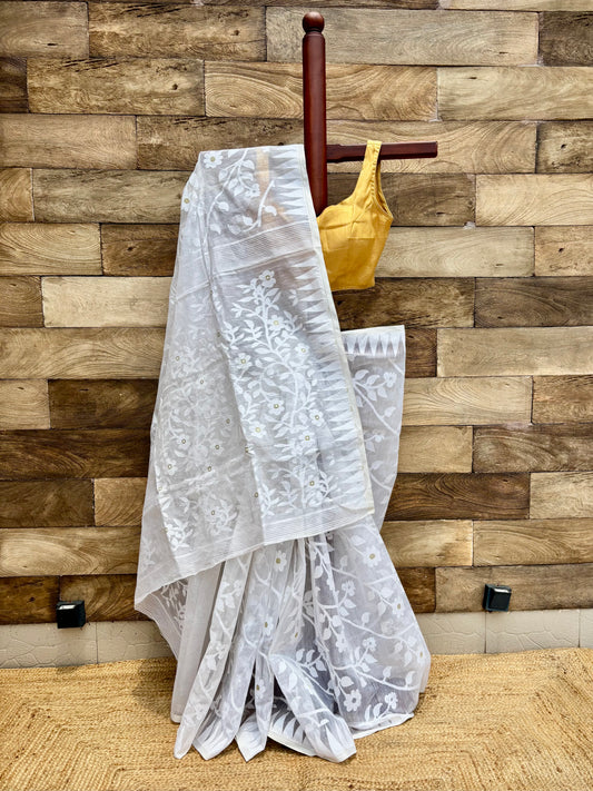 white silk jamdani cotton saree
