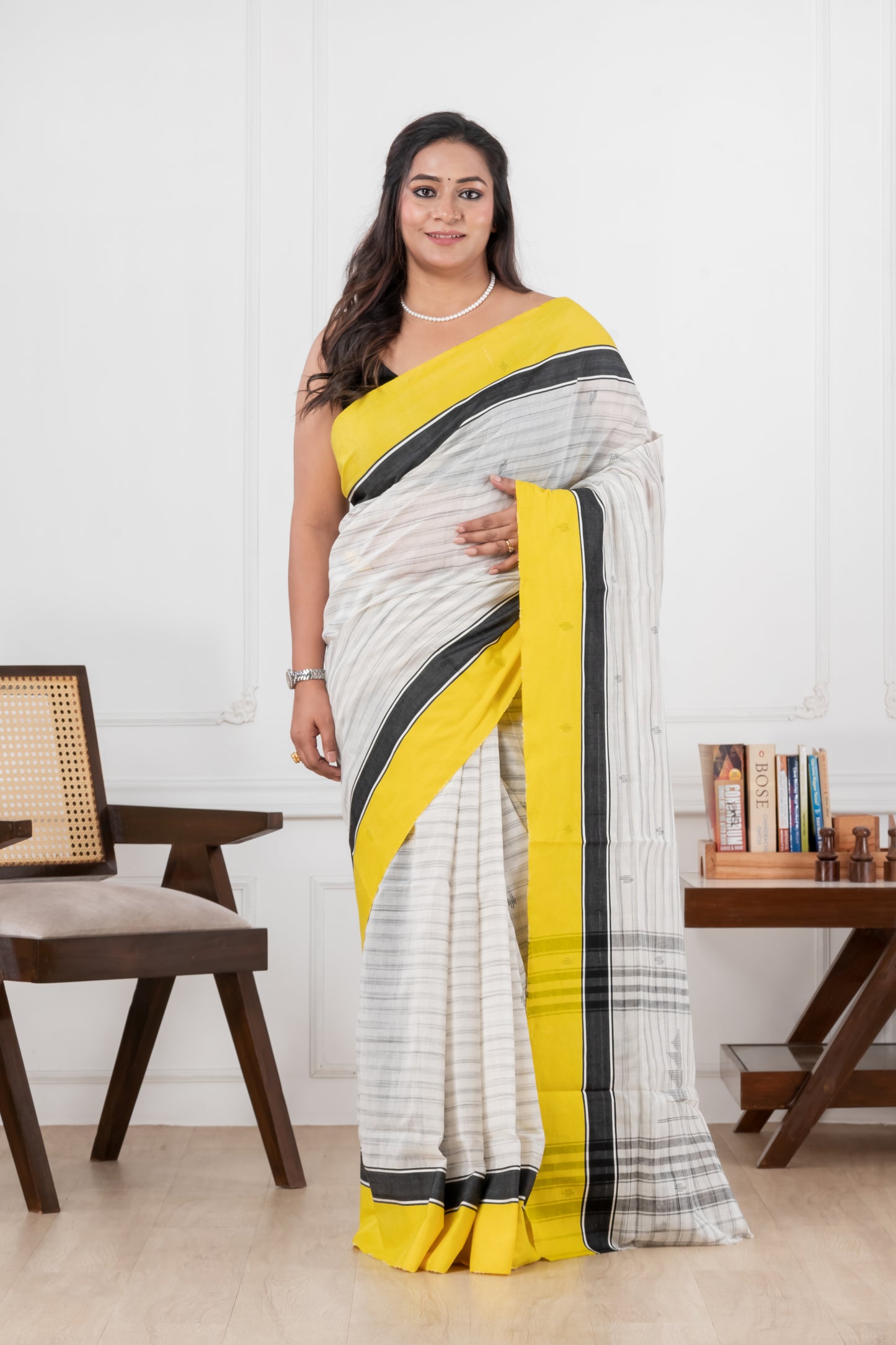 white & yellow handloom cotton saree