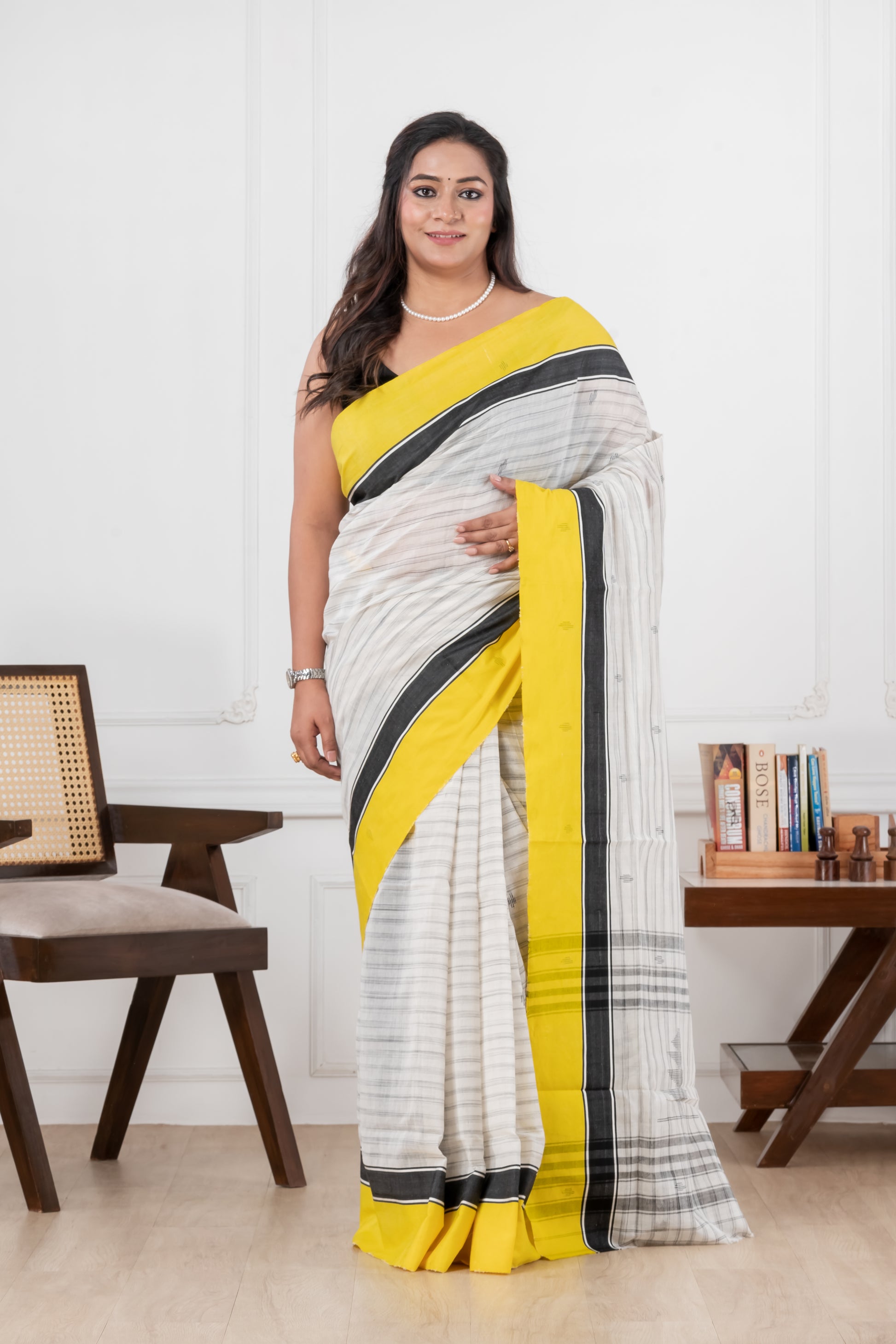 white & yellow handloom cotton saree