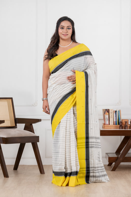 white & yellow handloom cotton saree