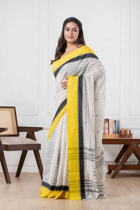 white & yellow handloom cotton saree