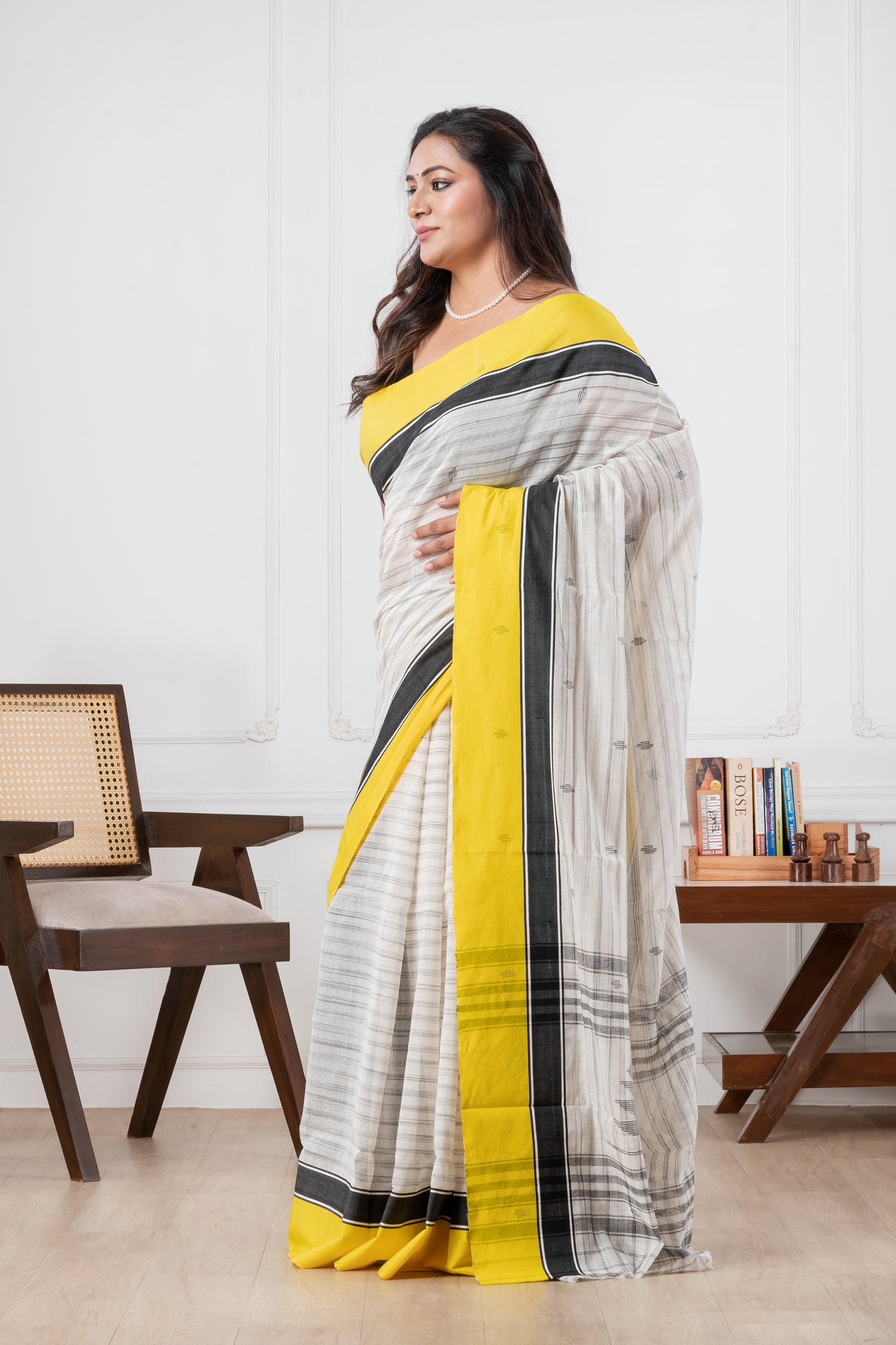 white & yellow handloom cotton saree