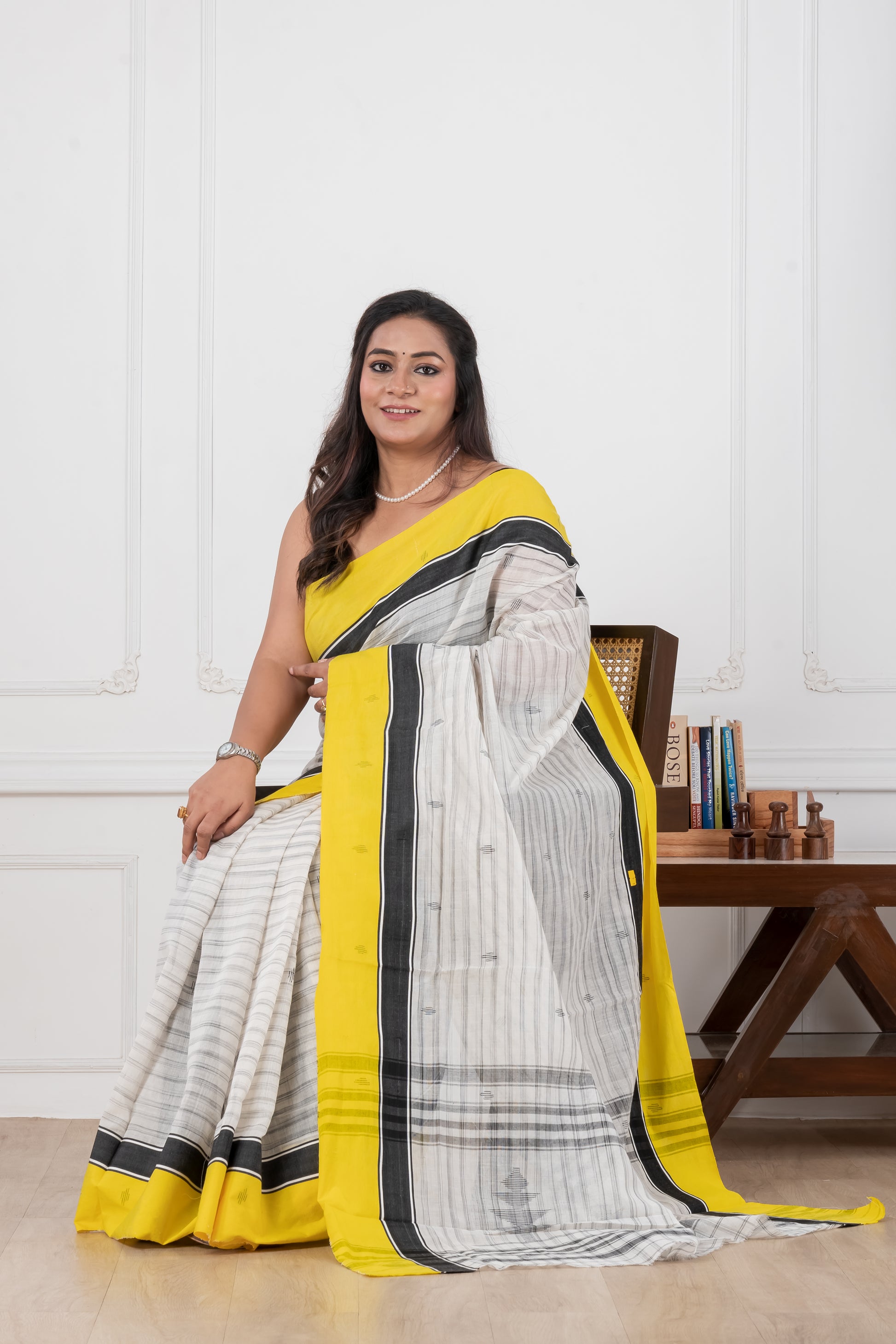 white & yellow handloom cotton saree