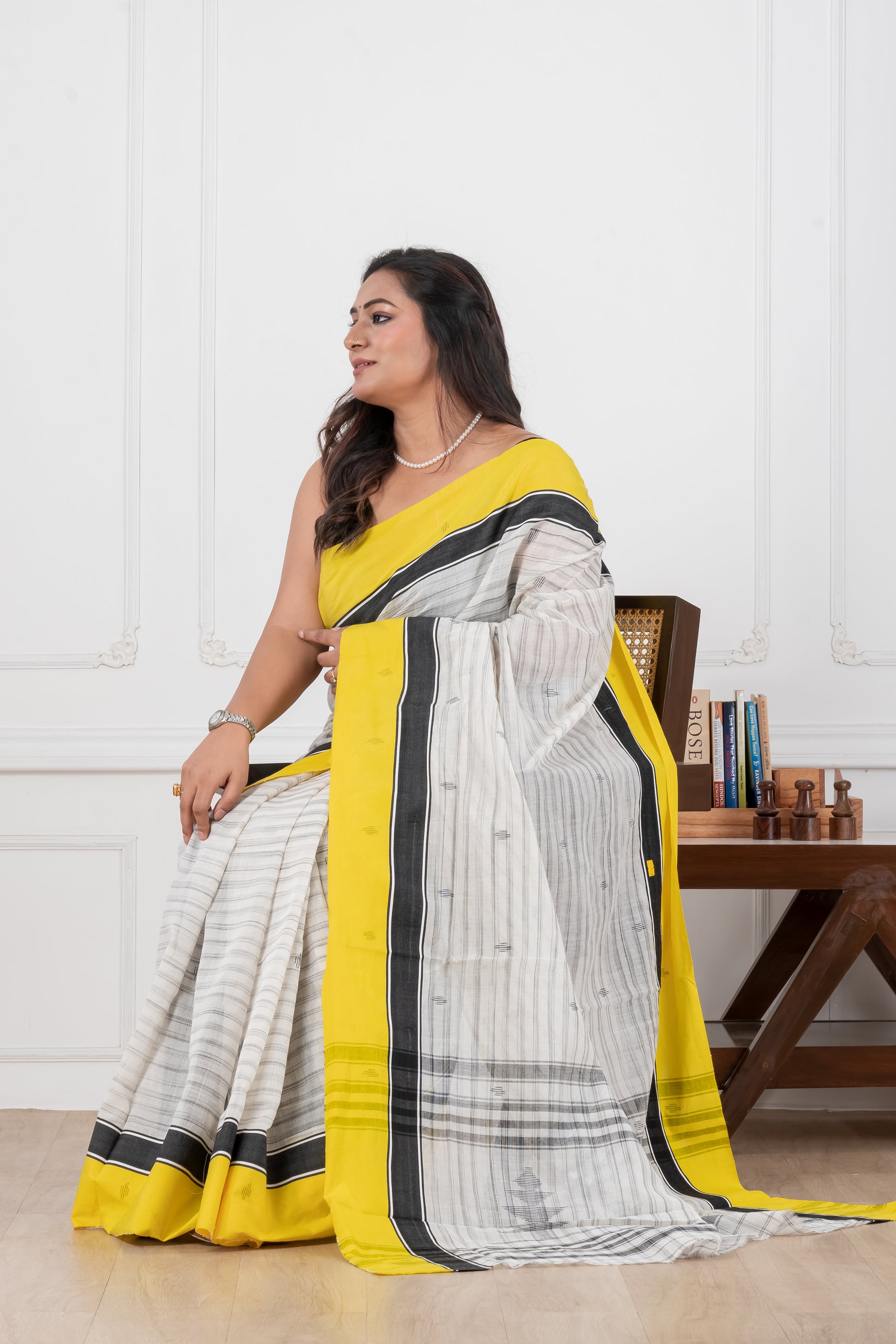 white & yellow handloom cotton saree