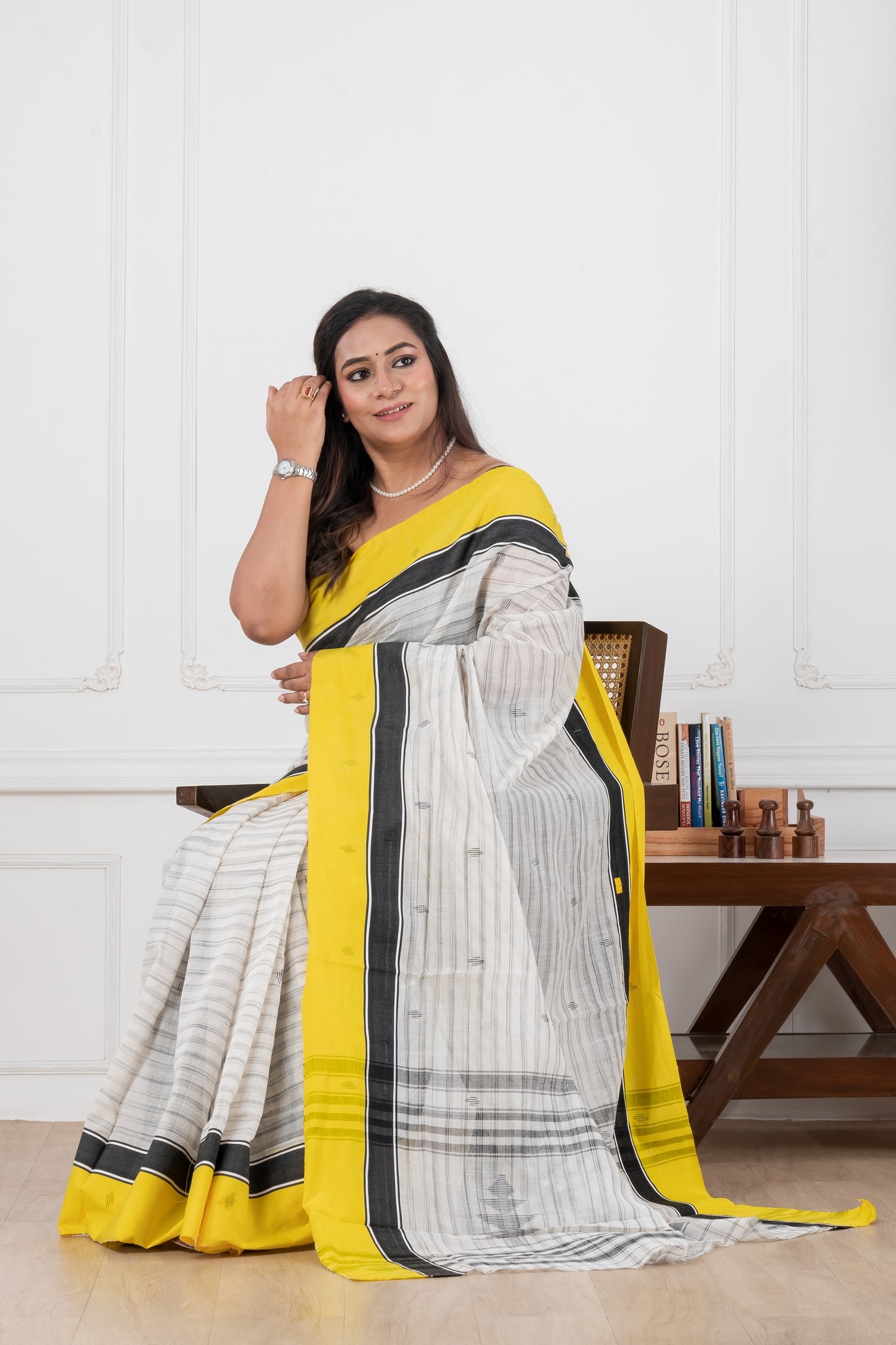 white & yellow handloom cotton saree