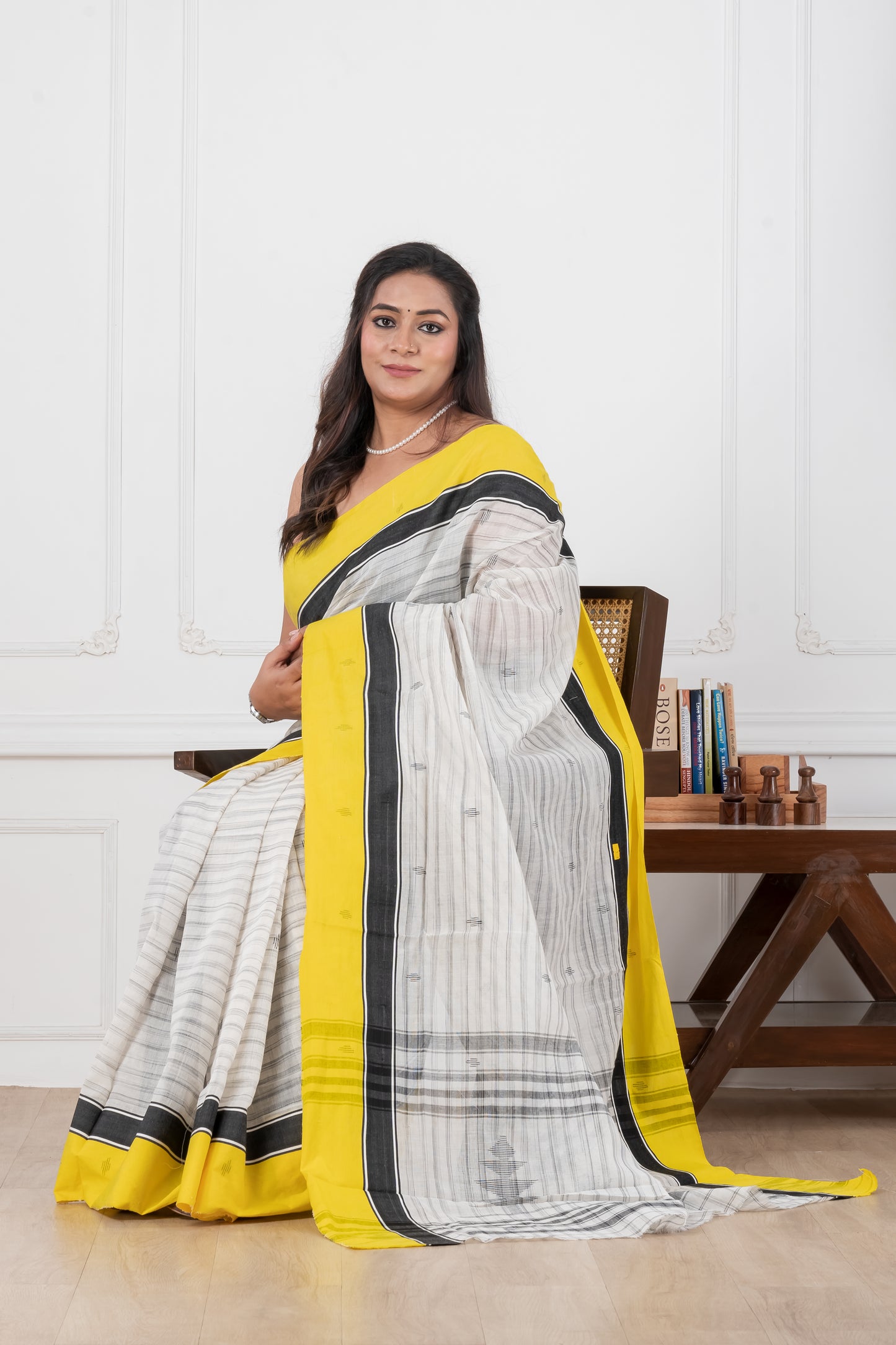 white & yellow handloom cotton saree