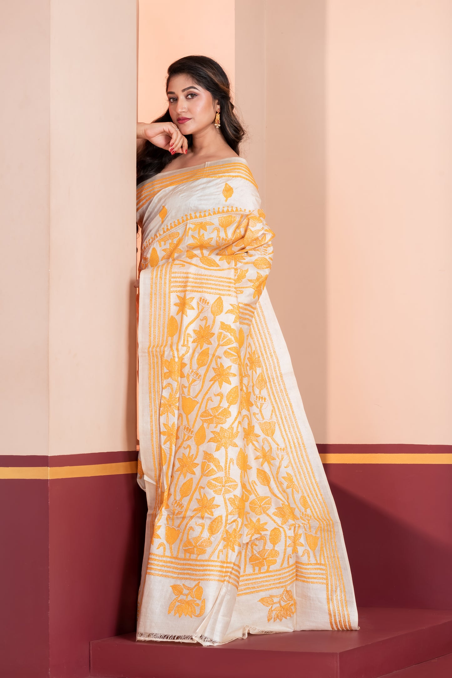 white & yellow kantha stitch tussar silk saree