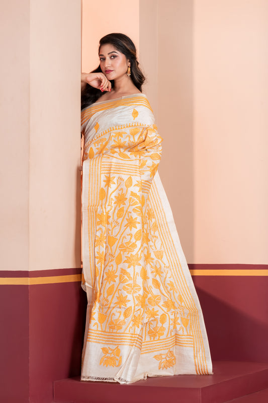 white & yellow kantha stitch tussar silk saree
