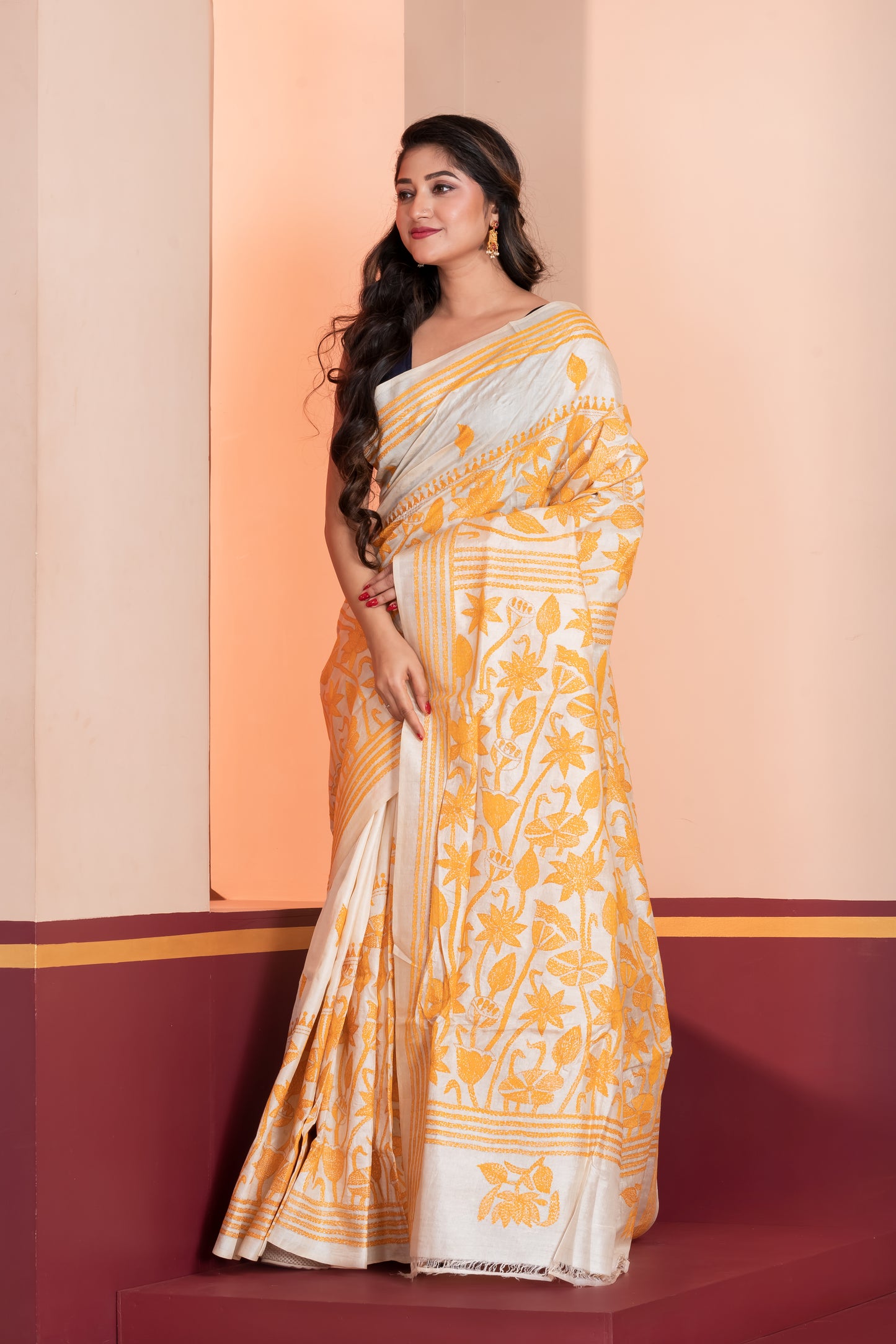white & yellow kantha stitch tussar silk saree