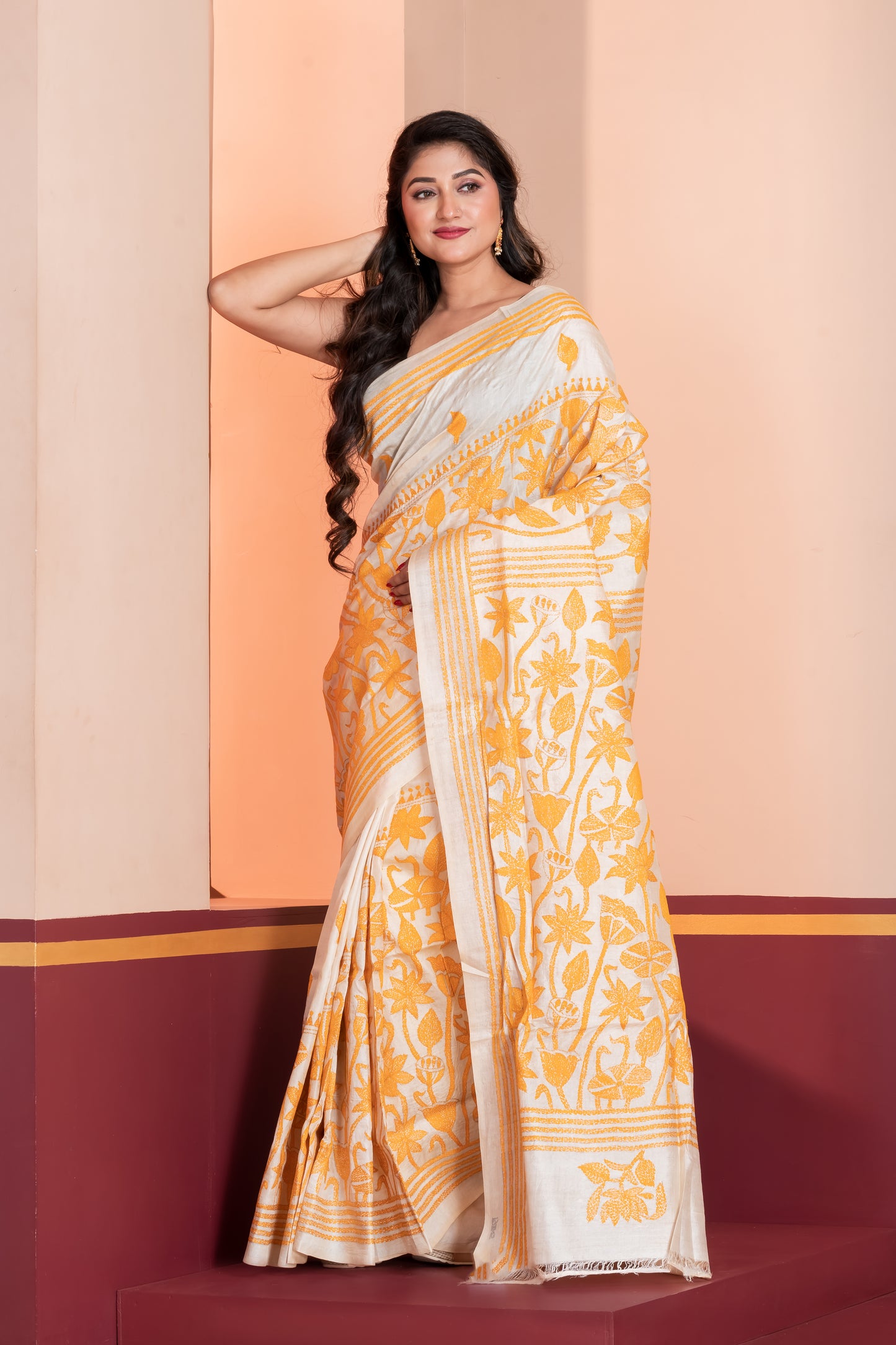 white & yellow kantha stitch tussar silk saree