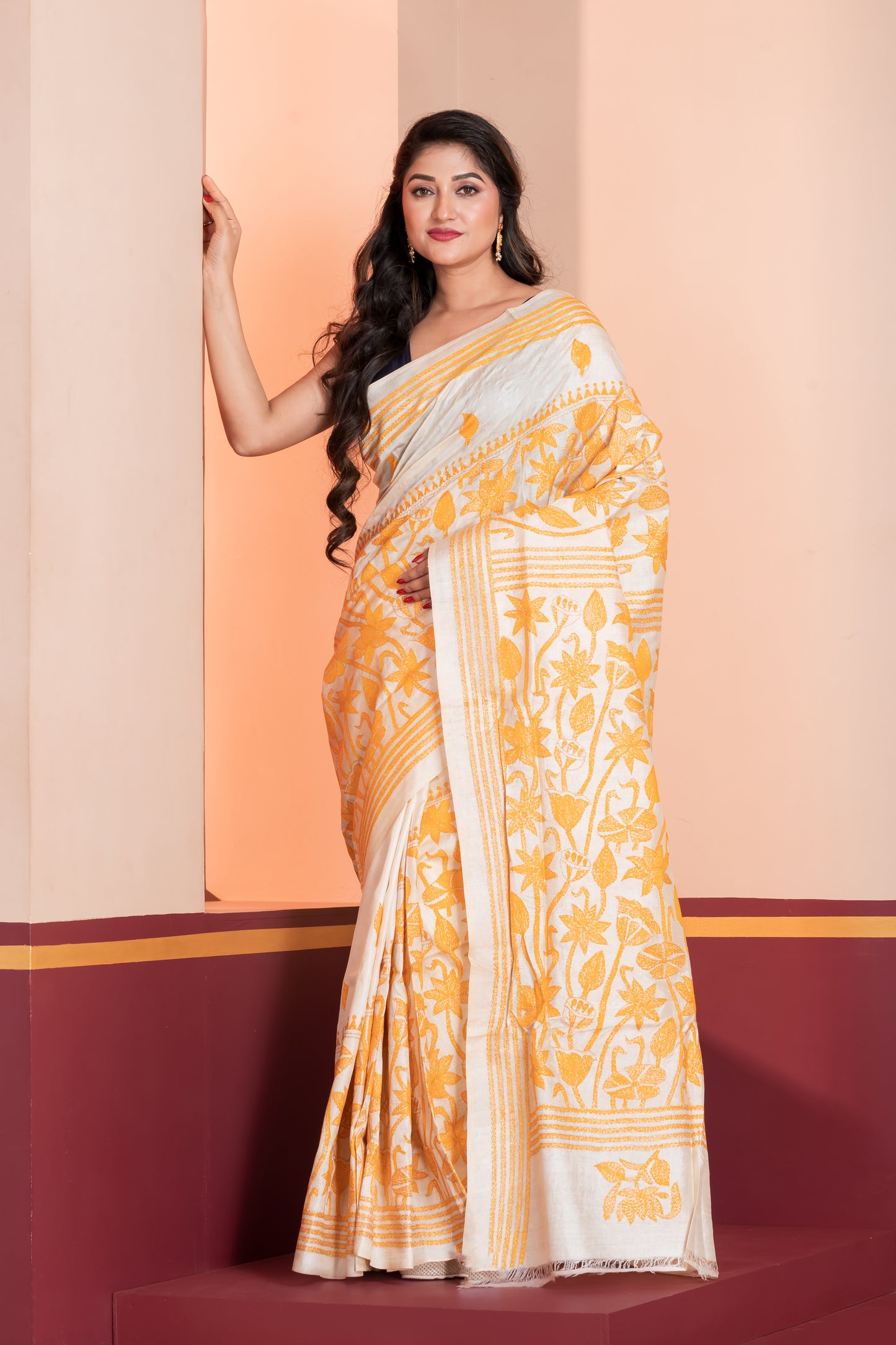 white & yellow kantha stitch tussar silk saree