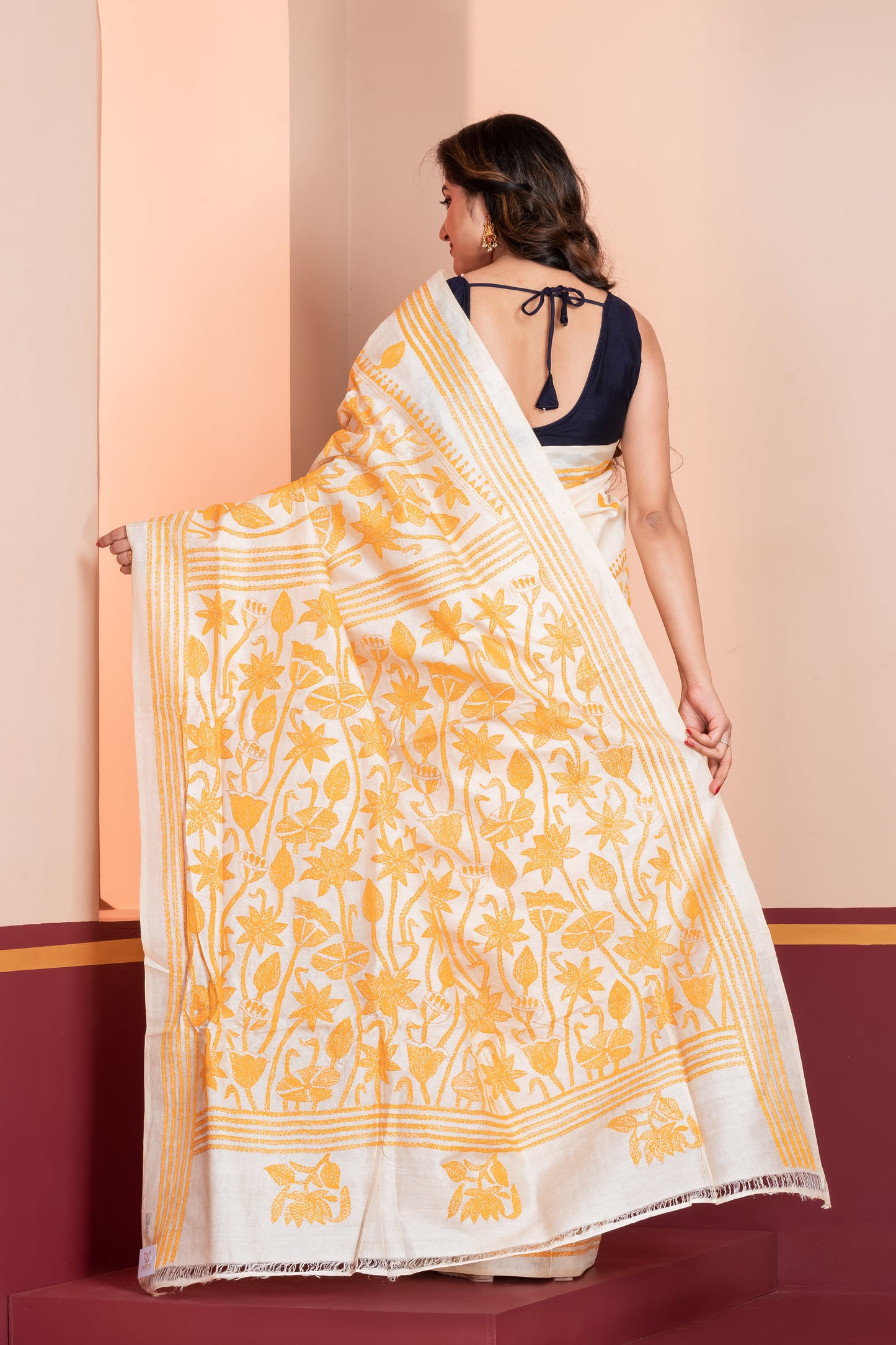 white & yellow kantha stitch tussar silk saree