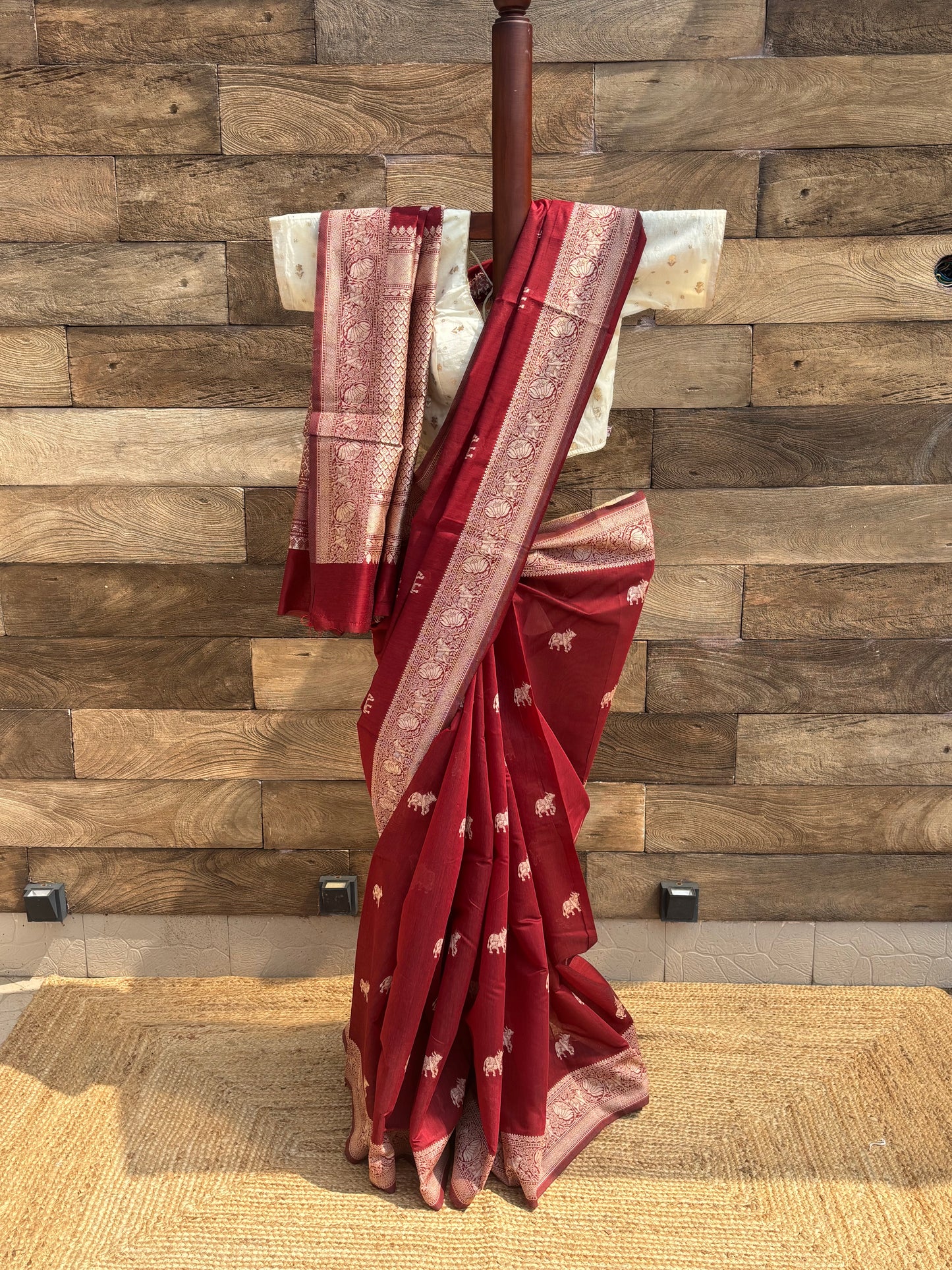 wine mercerised banarasi cotton saree