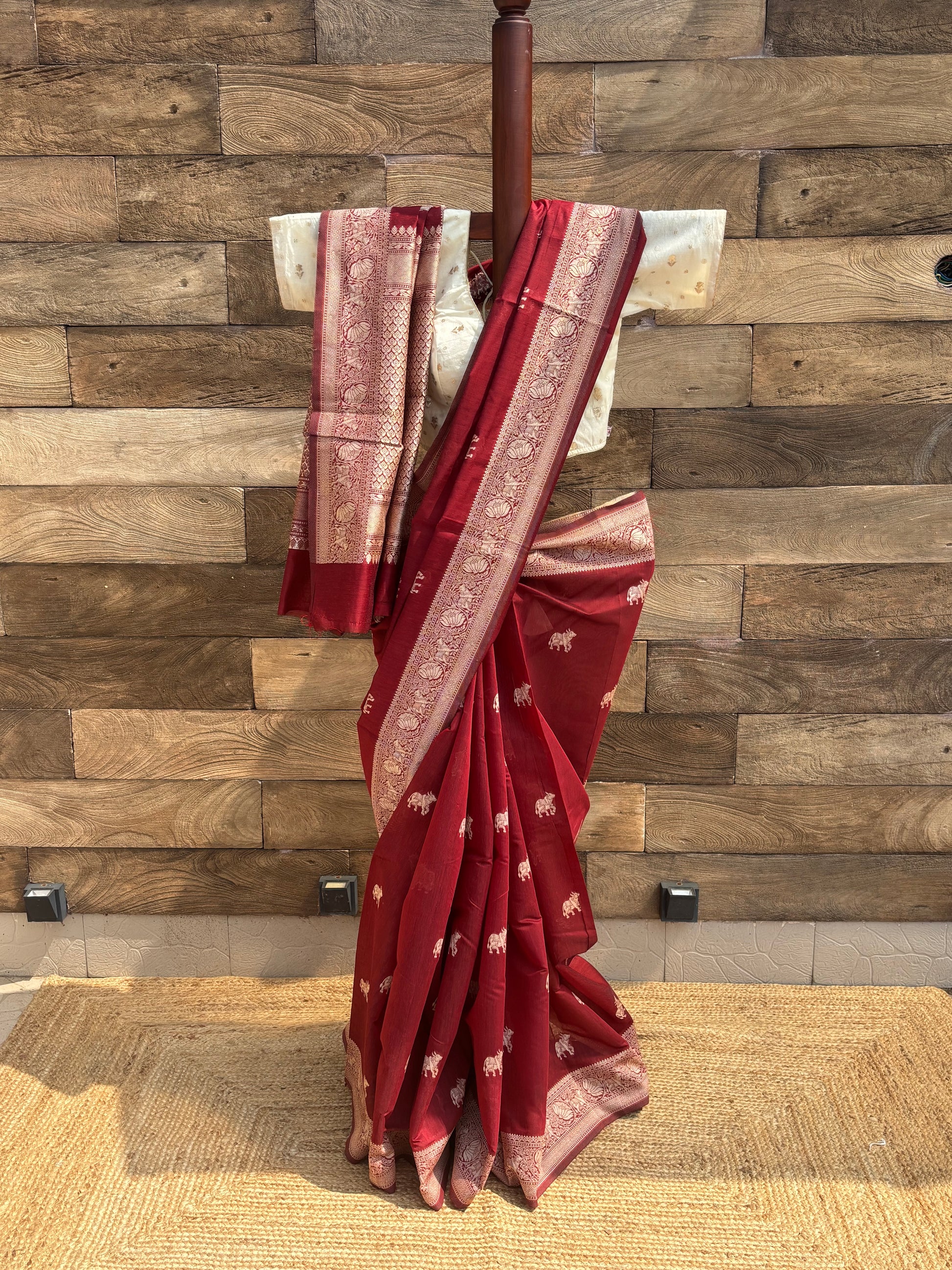 wine mercerised banarasi cotton saree