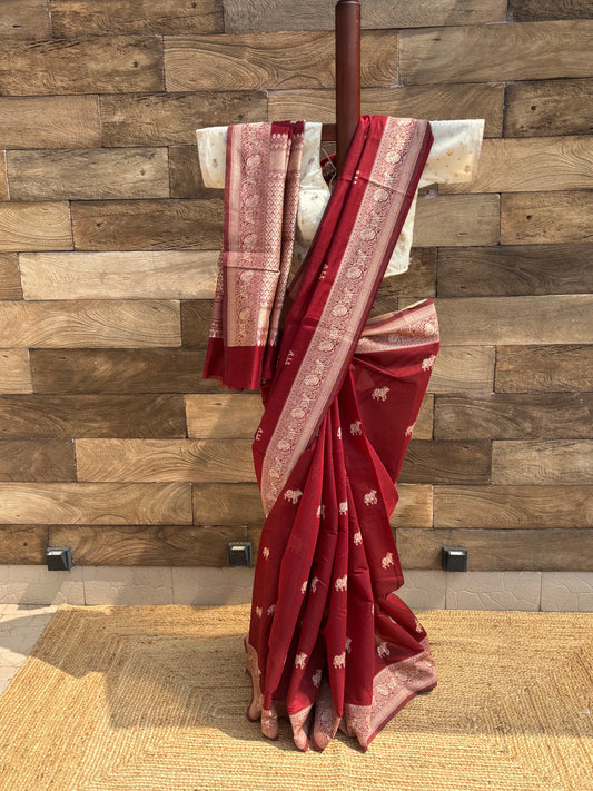 wine mercerised banarasi cotton saree