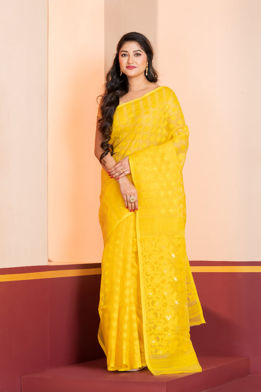 yellow silk jamdani cotton saree