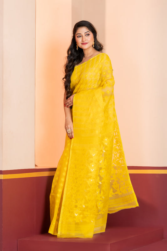 yellow silk jamdani cotton saree