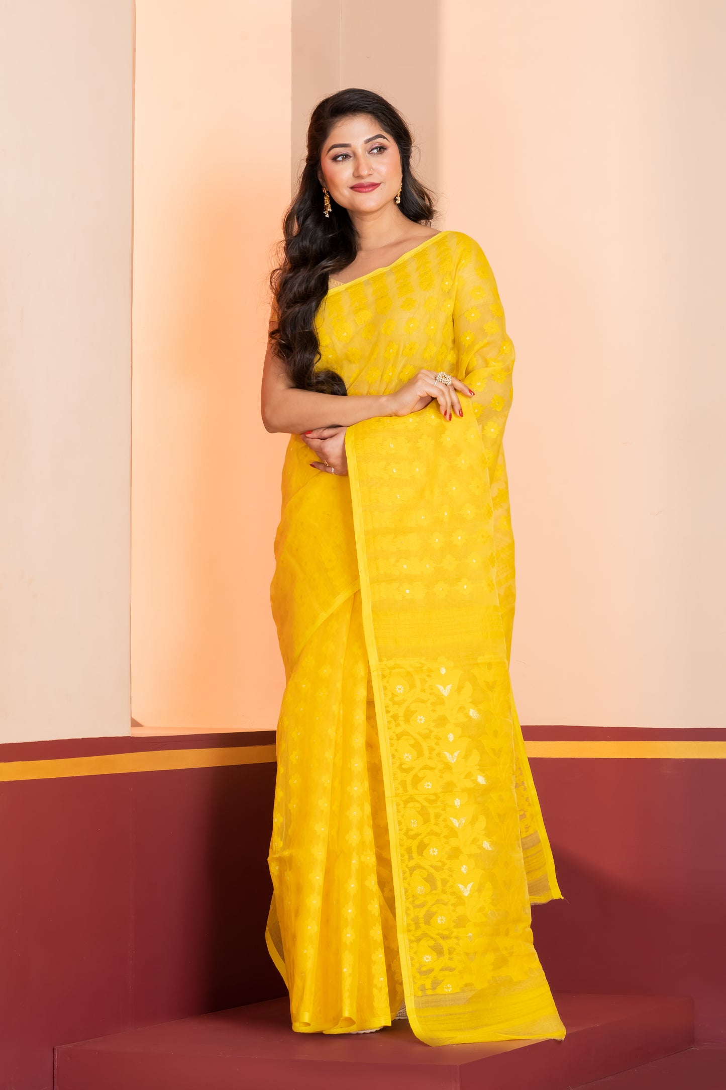 yellow silk jamdani cotton saree