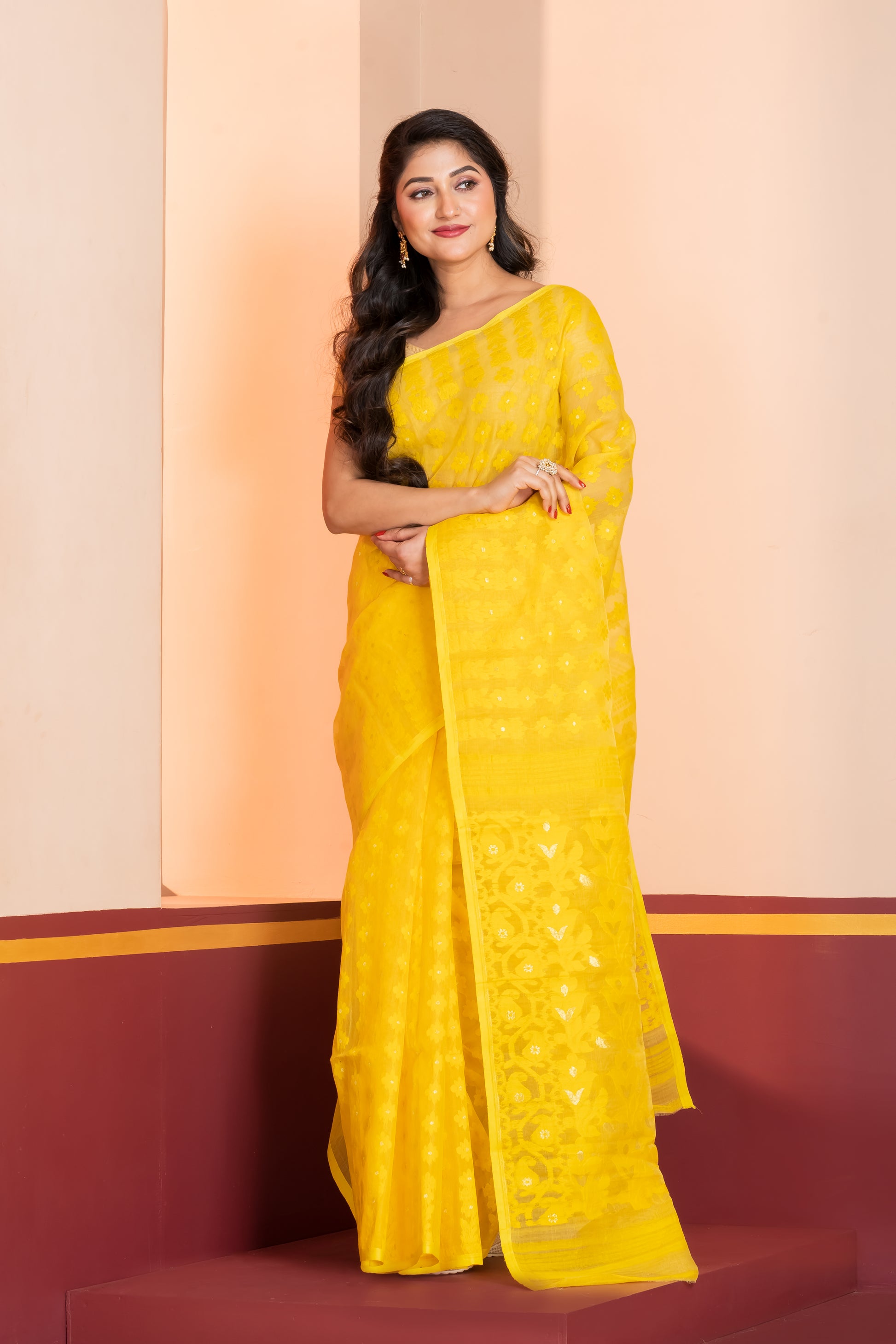 yellow silk jamdani cotton saree