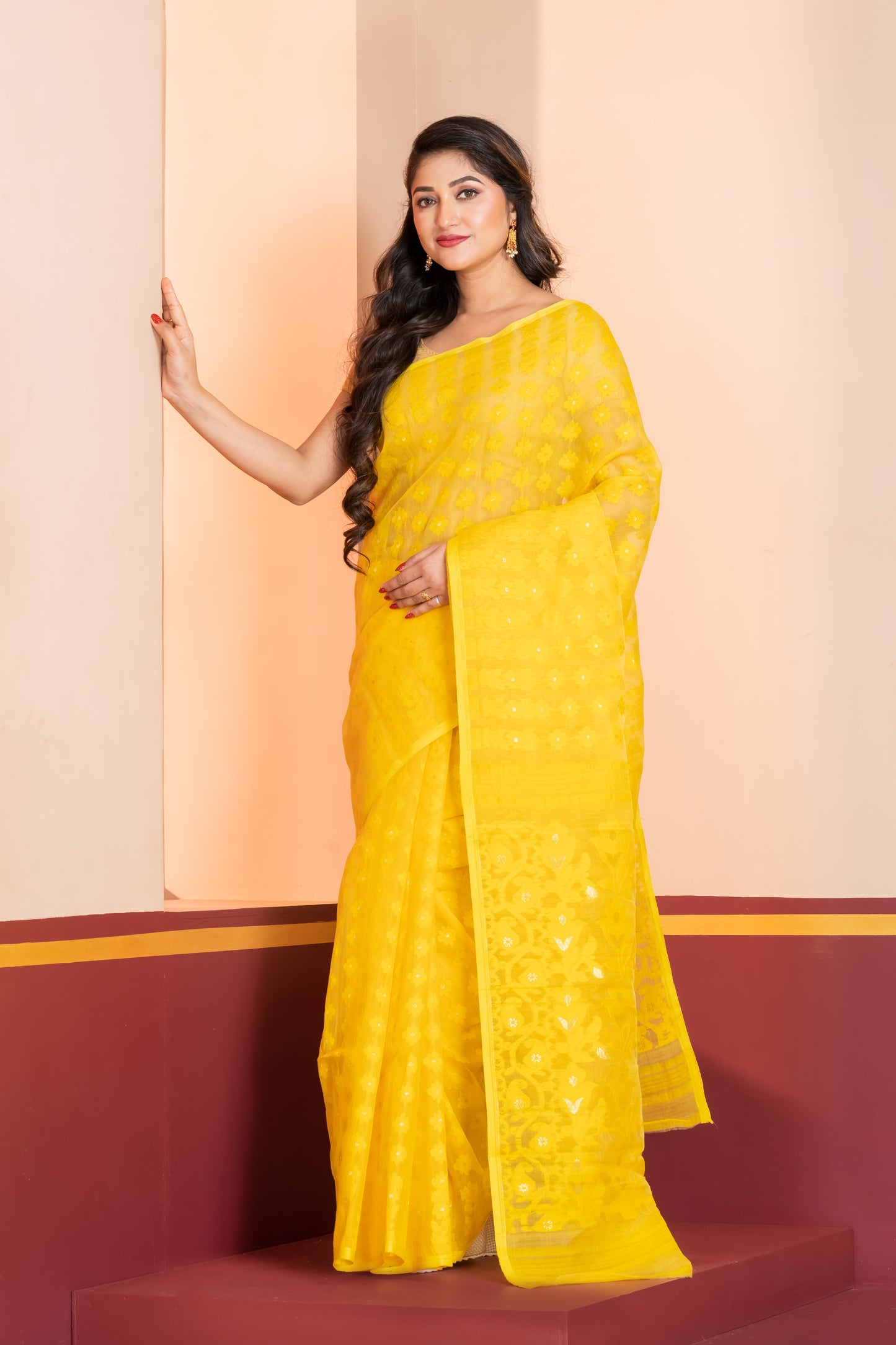 yellow silk jamdani cotton saree