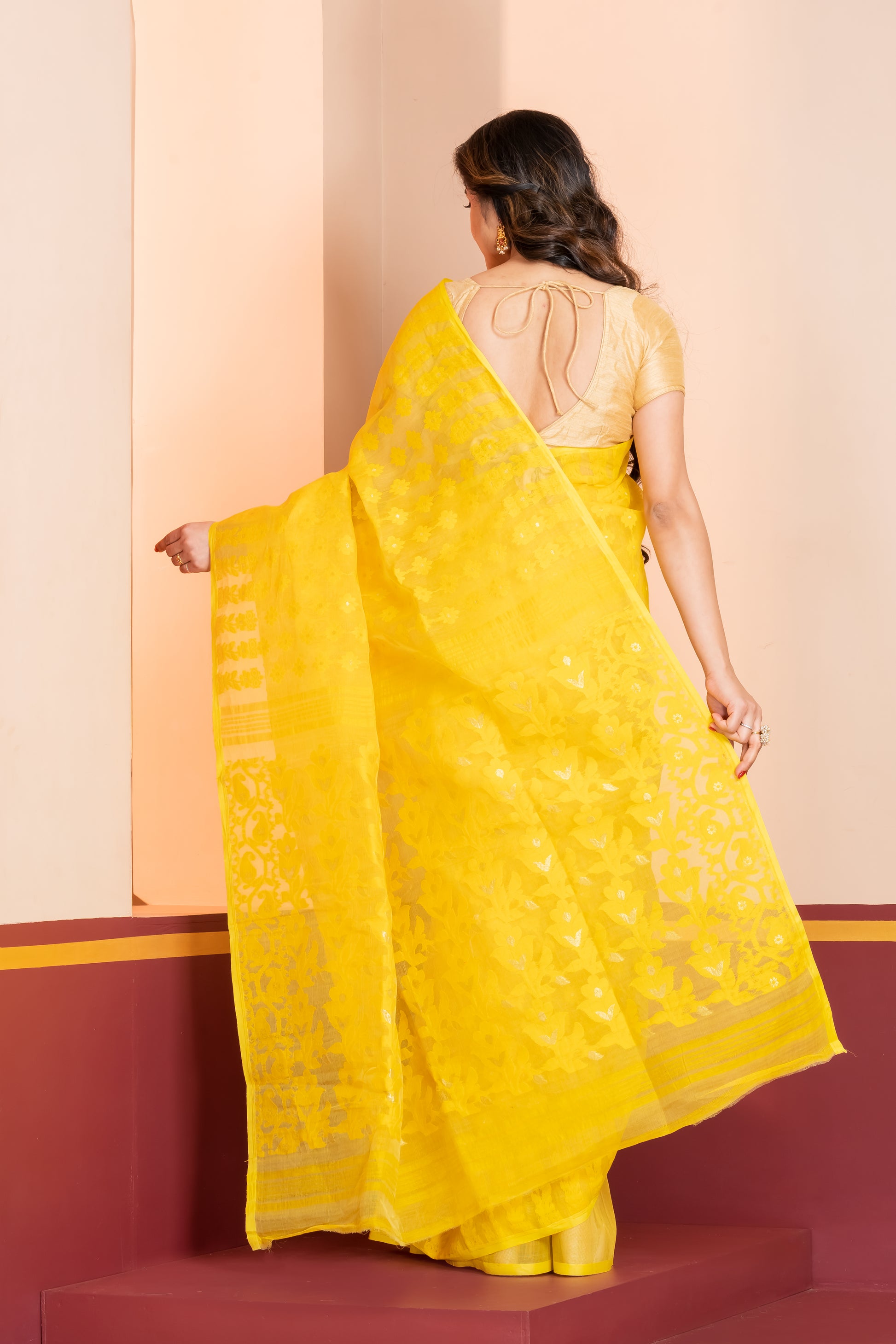 yellow silk jamdani cotton saree