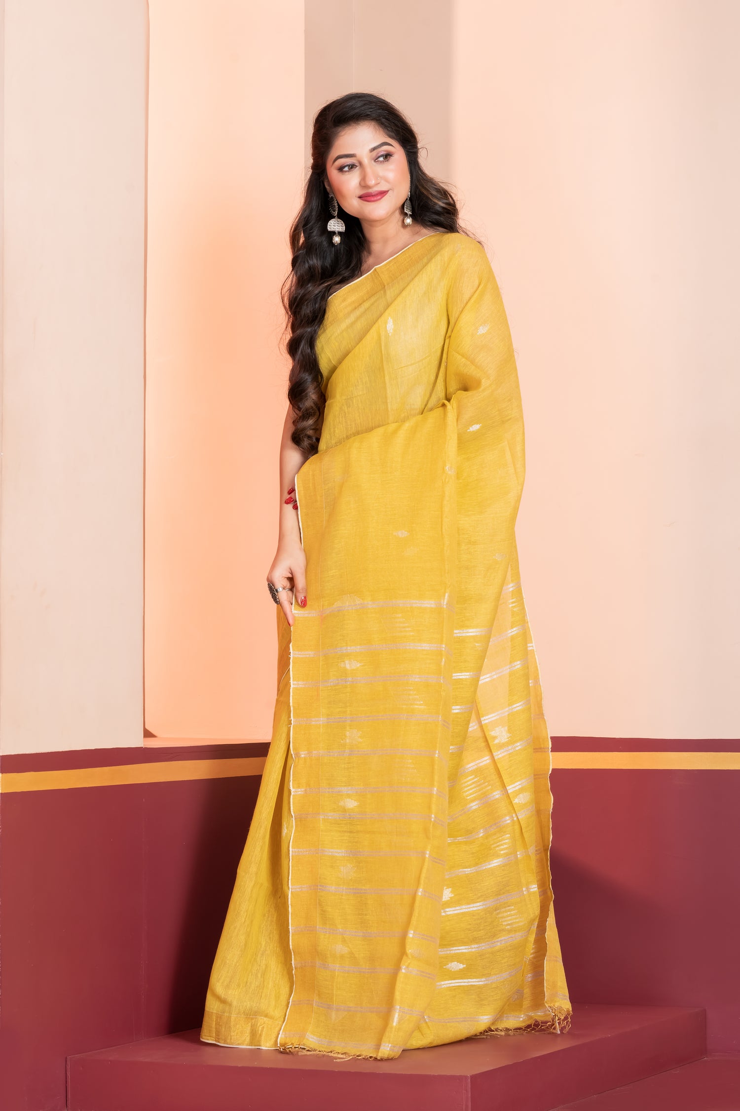 yellow tissue linen jamdani saree